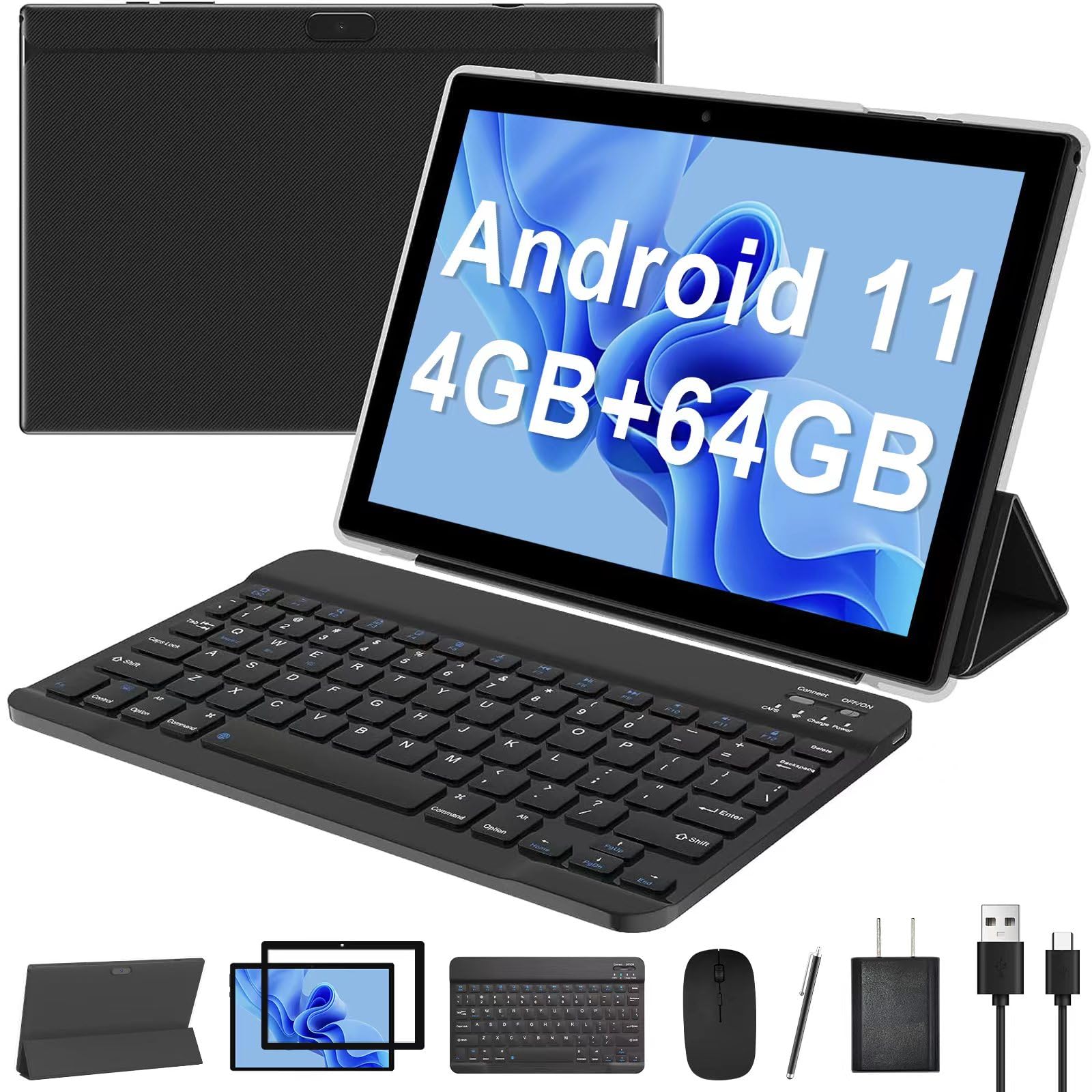 10.1 Inch Android 11 Tablet, Newest 2 In 1 Tablets, 4Gb Ram+64Gb Rom Quad Core Processor, 1280*800 Fhd Tableta With Keyboard/Mou