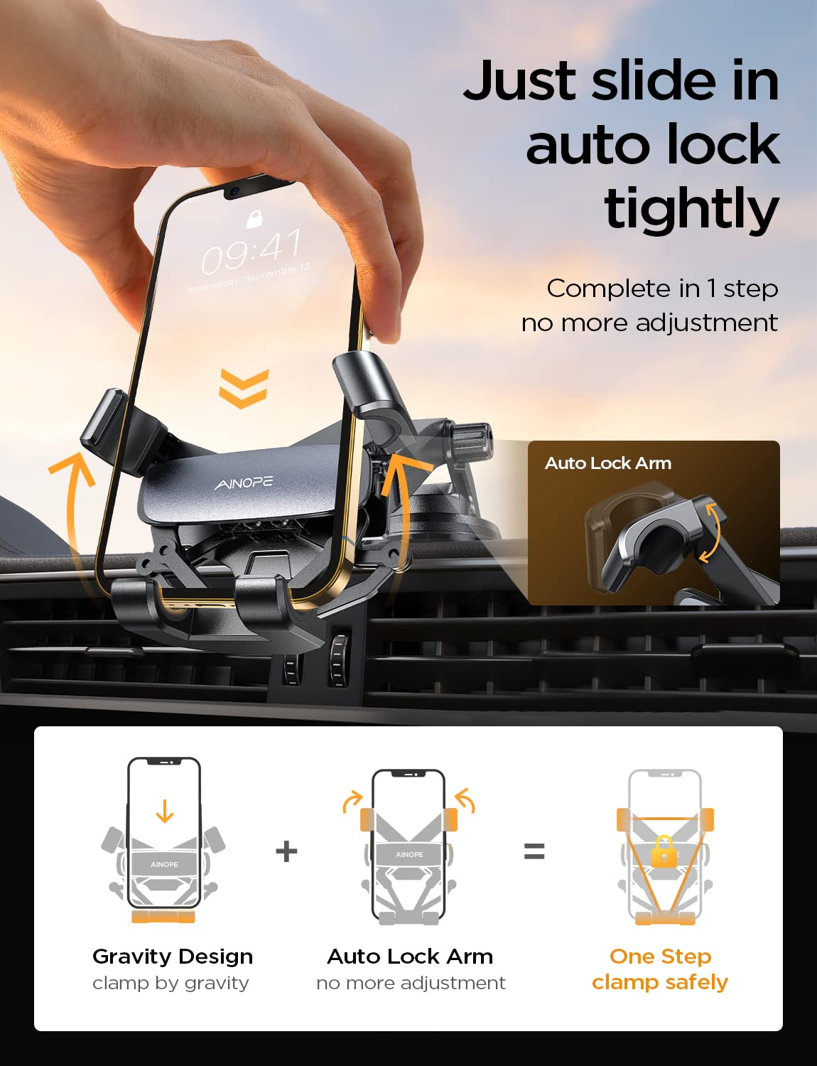 Ainope Phone Mount For Car 3-1 Gravity Car Phone Holder Mount For Car Dashboard Windshield Air Vent Cell Phone Holder Car For Ip