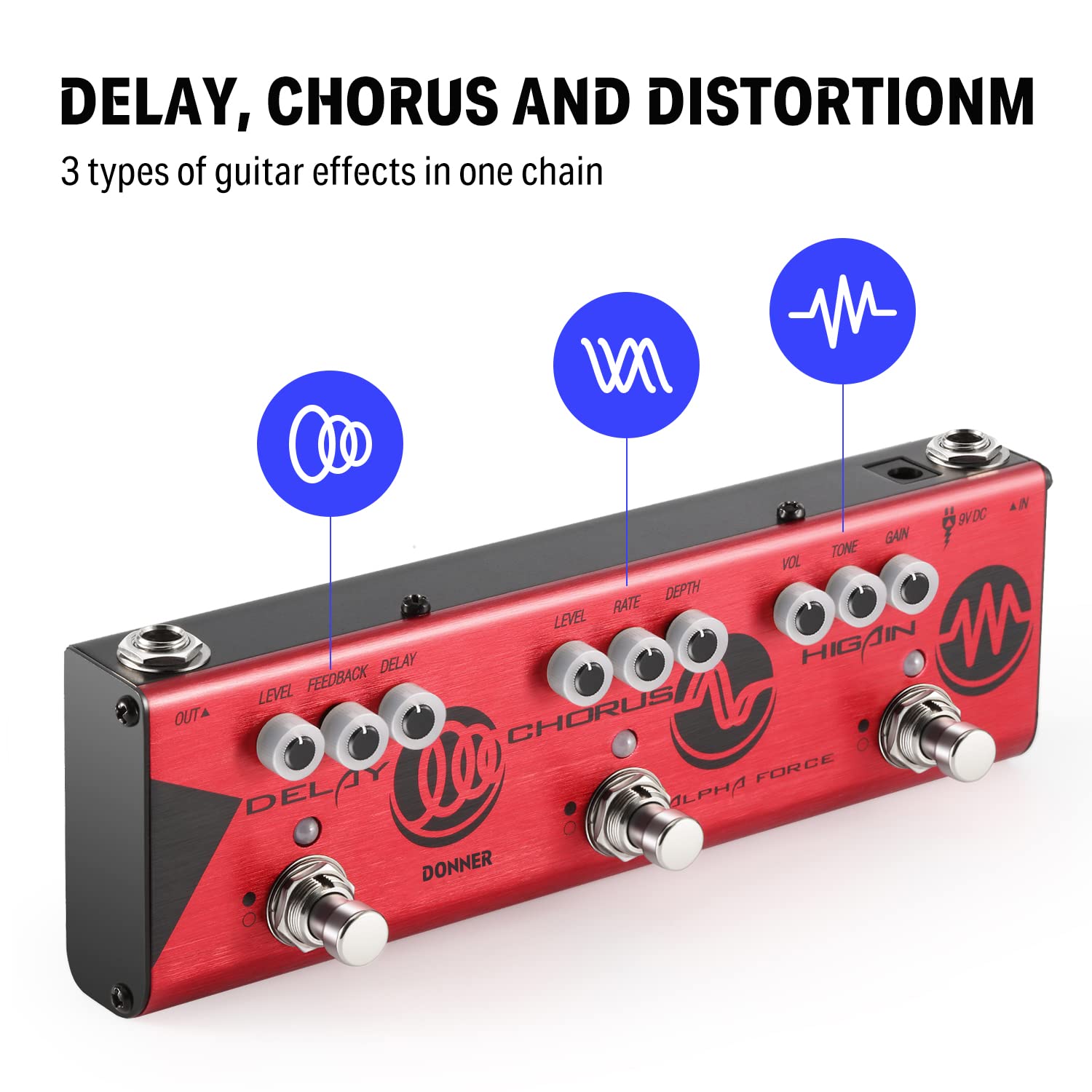 Donner Multi Guitar Effect Pedal Alpha Force 3 In 1 Effects Delay Chorus High Gain Distortion Pedal With Adapter