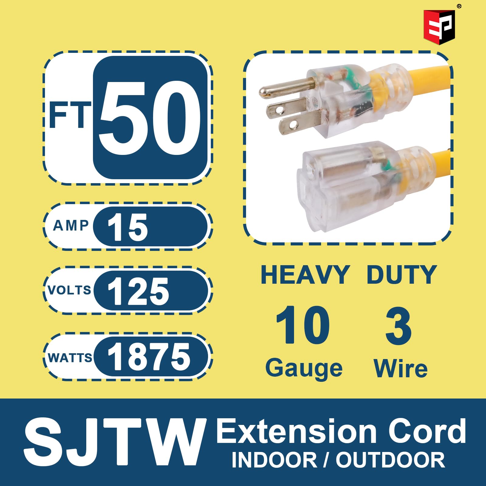 Ep 50 Ft Lighted Outdoor Extension Cord   10/3 Sjtw Heavy Duty Yellow Extension Cable With 3 Prong Grounded Plug For Safety, Ul