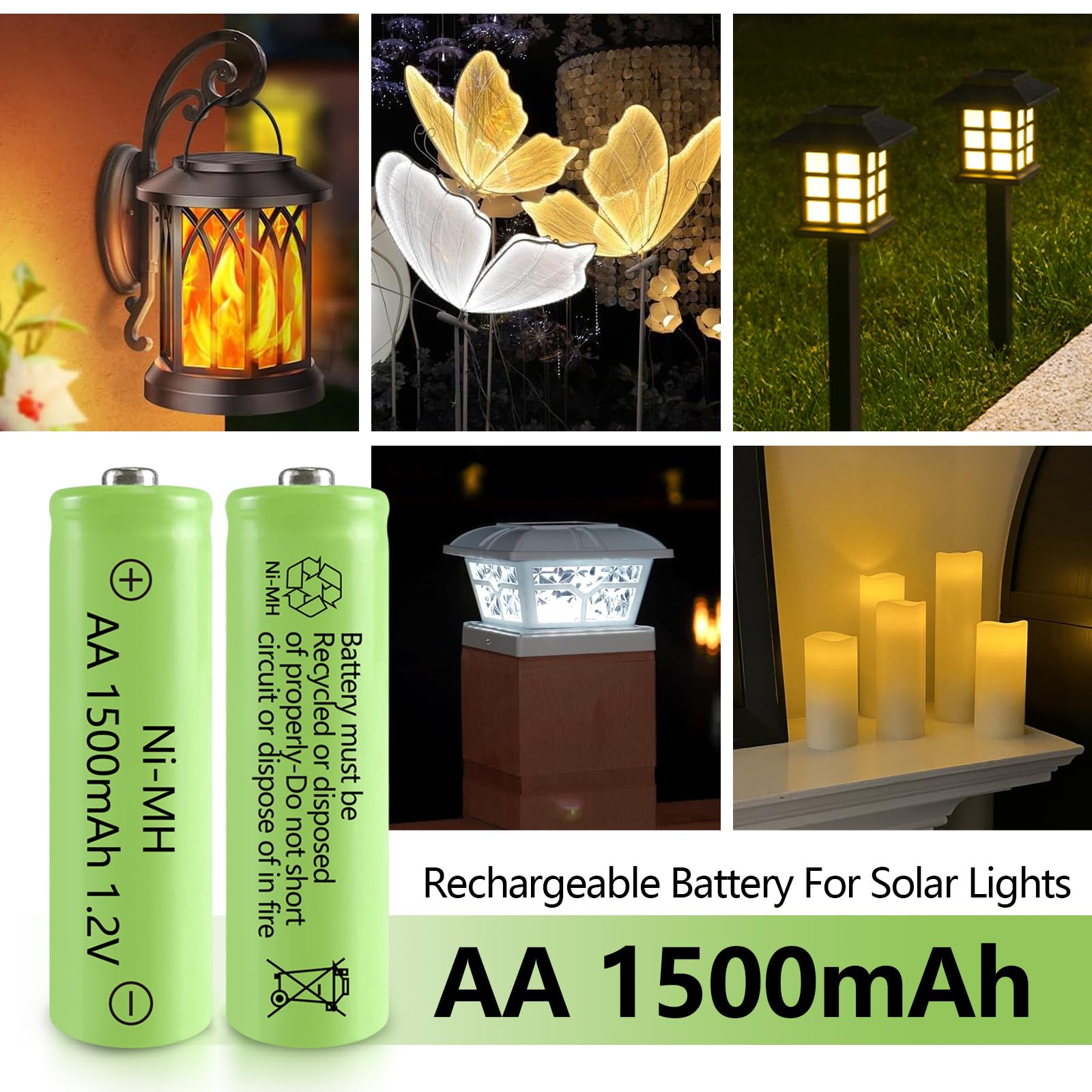 Genyestar Solar Lights Rechargeable Aa Batteries 1500Mah High Capacity 1.2V Ni-Mh Double A Battery For Outdoor Lights, String Li