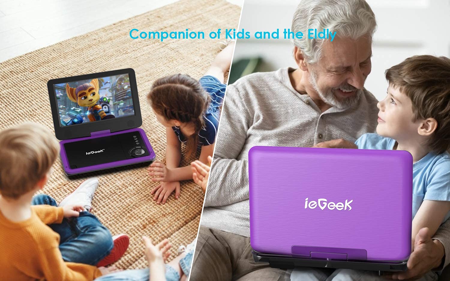 Iegeek Portable Dvd Player 12.5', With 10.5' Hd Swivel Screen, Car Travel Dvd Players 5 Hrs Rechargeable Battery, Region Free Video Player For Kids Elderly, Remote Control, Sync Tv, Usb&Sd, Purple