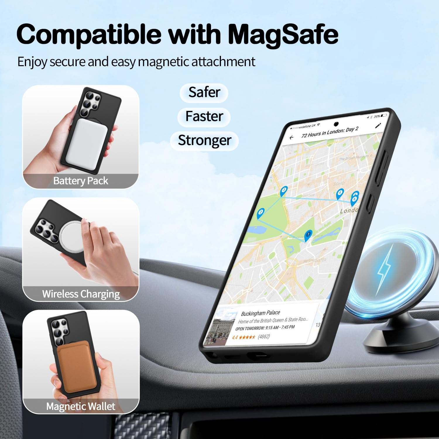 3-In-1 [360 Spin Stand+Magnetic+Ring Holder] Case For Samsung Galaxy S24 Ultra Fit For Magsafe, Military Grade Protective, Trans