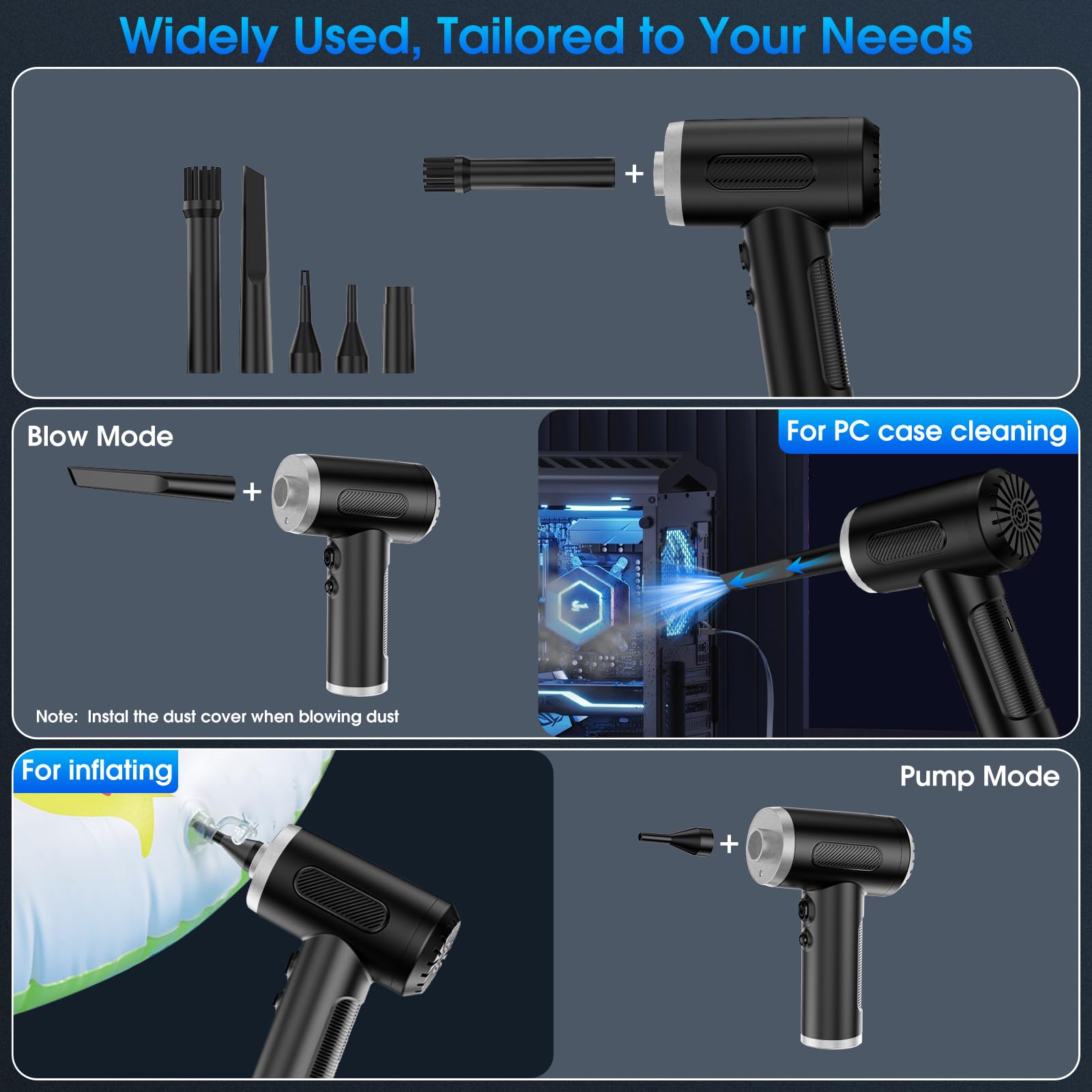 Compressed Air Duster, 100000Rpm Handheld Car Air Blower& Pump, 3 Gear Adjustable Electric Air Duster/Mini Pc Cleaner, Rechargea