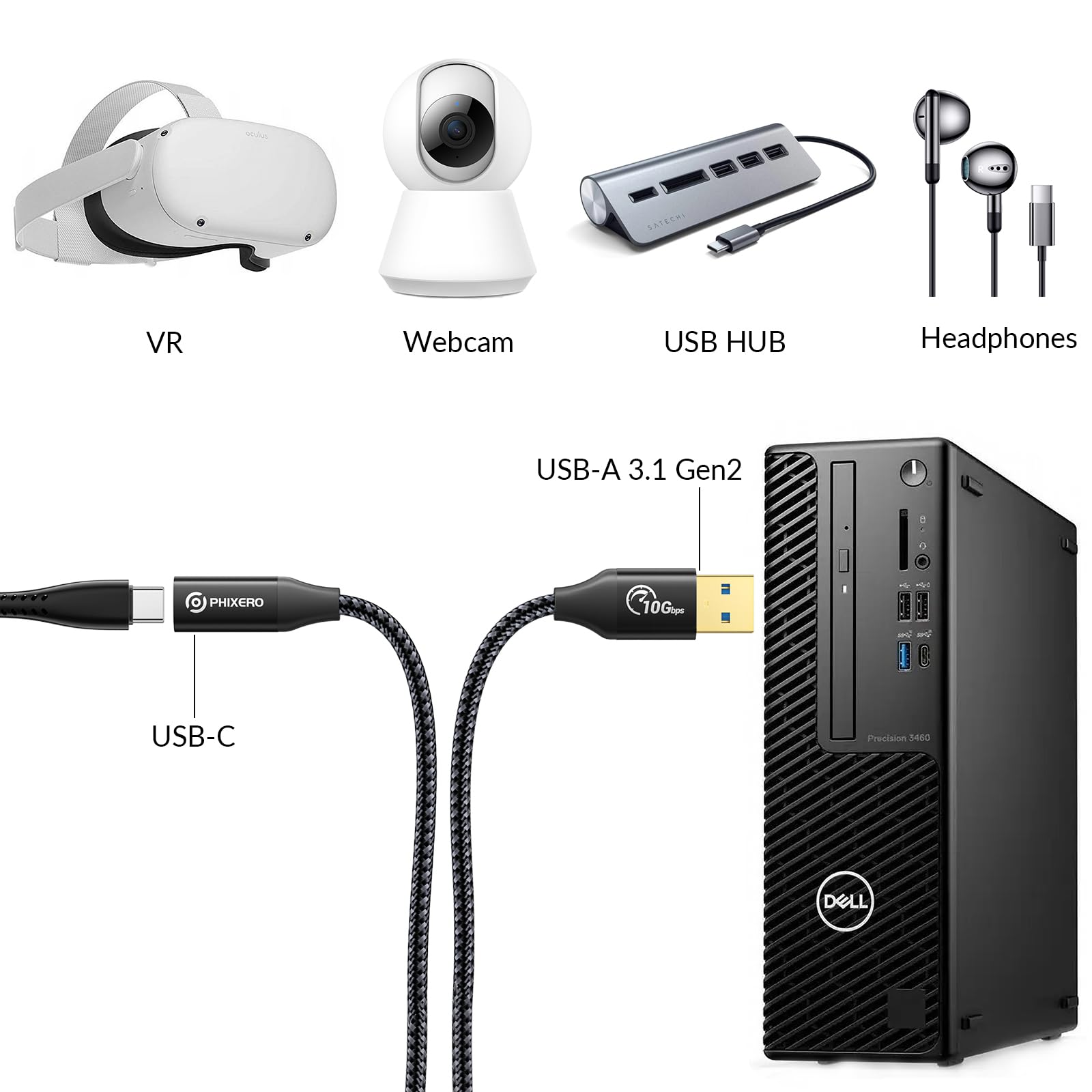 Phixero [10Gbps] Usb C Female To Usb Male Adapter 3.1 Gen 2 (3.3Ft), 3A Fast Charging Usb A To Usb C Adapter With 10Gbps Data Tr