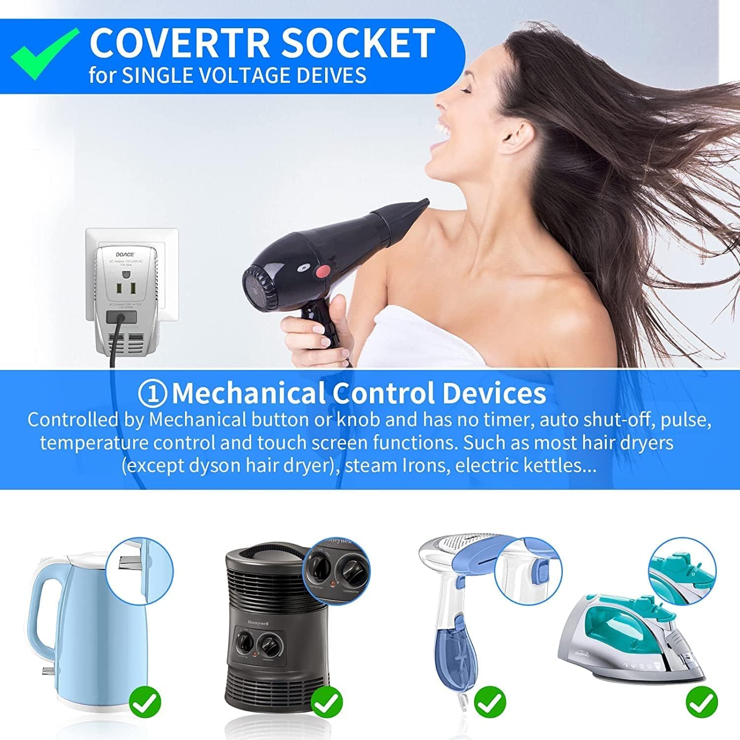 220V To 110V Converter, Doace 2000W Travel Voltage Converter For Hair Dryer Straightener Curling Iron, 10A Power Adapter With 2