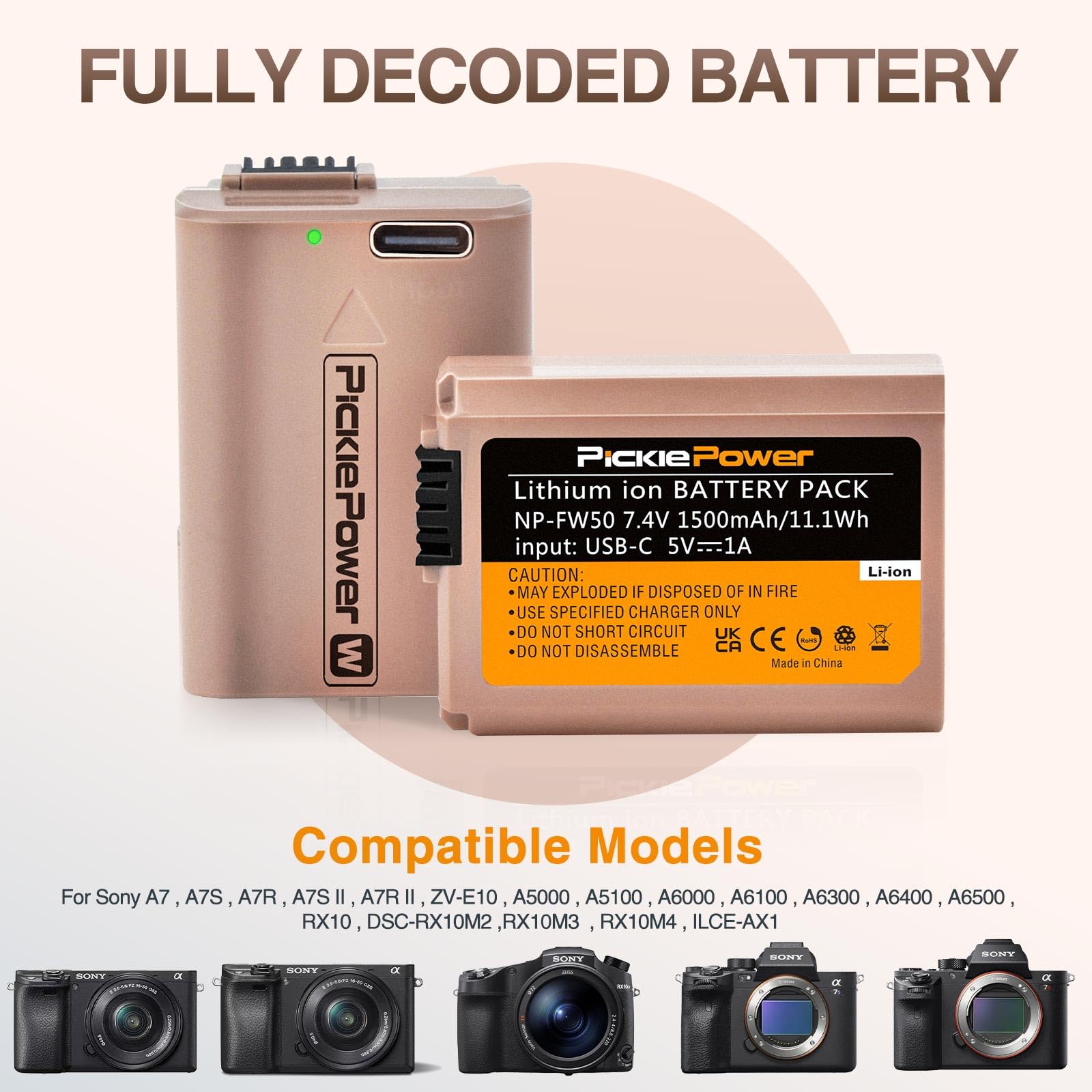 Pickle Power 2 Pack Np Fw50 Battery With Type C Fast Charging For Sony A7S Ii, A7R Ii, Zv E10, A7, A7S, A7R, A6500, A6400, A6300