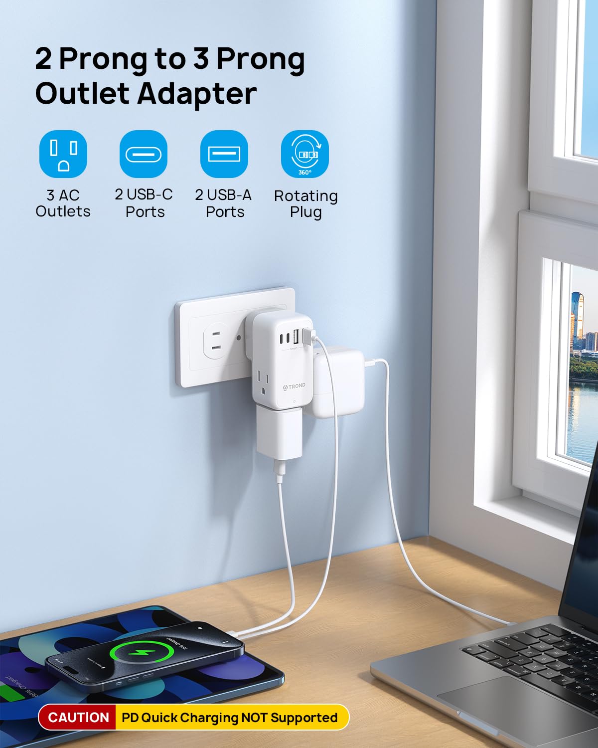 Trond 3 To 2 Prong Adapter With 360 Rotating Plug, 2 Prong Outlet Extender With 3 Ac And 4 Usb Ports, Us To Japan Plug Adapter,