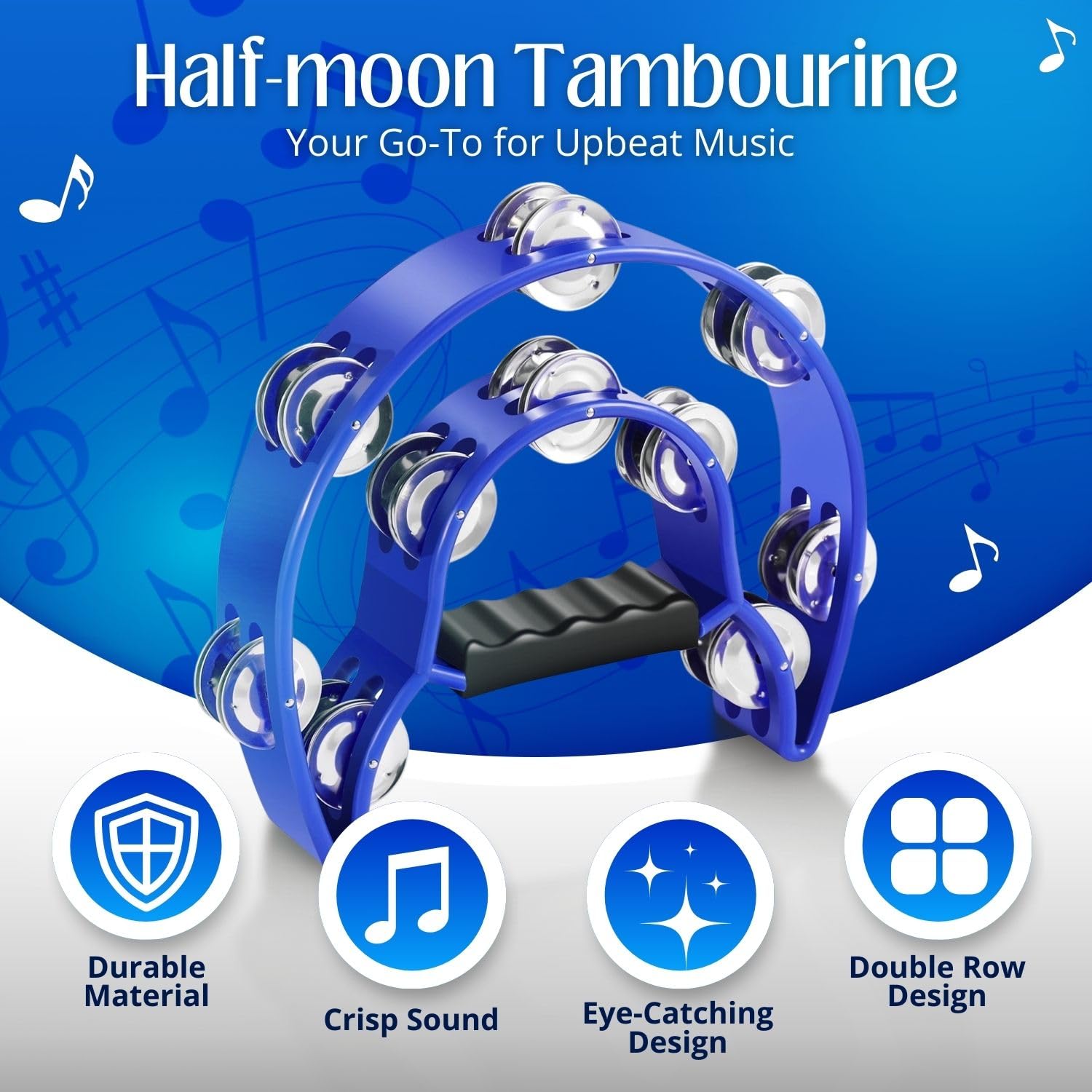 Flexzion Tambourine Metal Half Moon Musical Instruments Double Row Metal Jingles Hand Held Instruments Percussion With Ergonomic