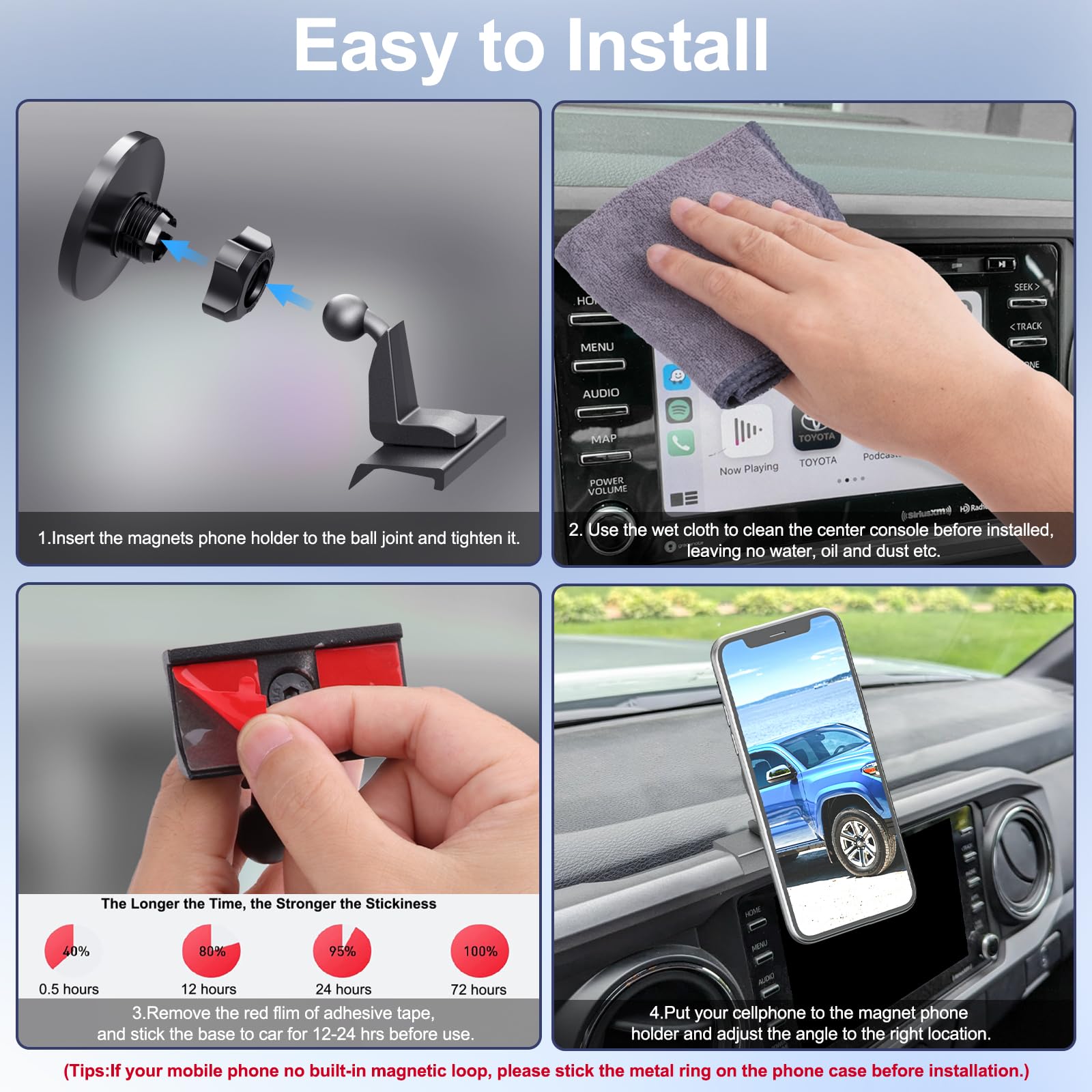 Kaishengyuan Magnetic Car Phone Holder For Toyota Tacoma 2016-2023, 3Rd Gen Tacoma Dashboard Clip Cell Phone Cradles Adjustable