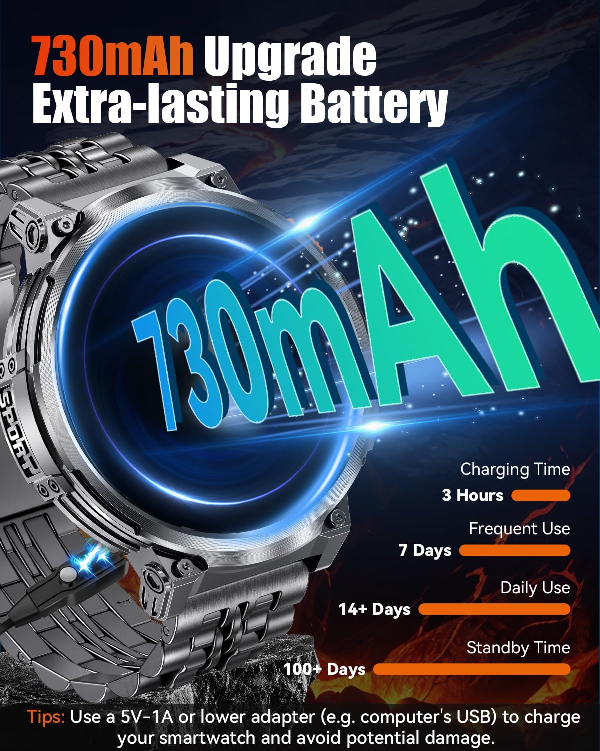 Podoeil 1.85 '' Big Screen Military Smart Watch For Men With Flashlight, 730Mah Large Battery, Ip68 Waterproof, Bluetooth Callin