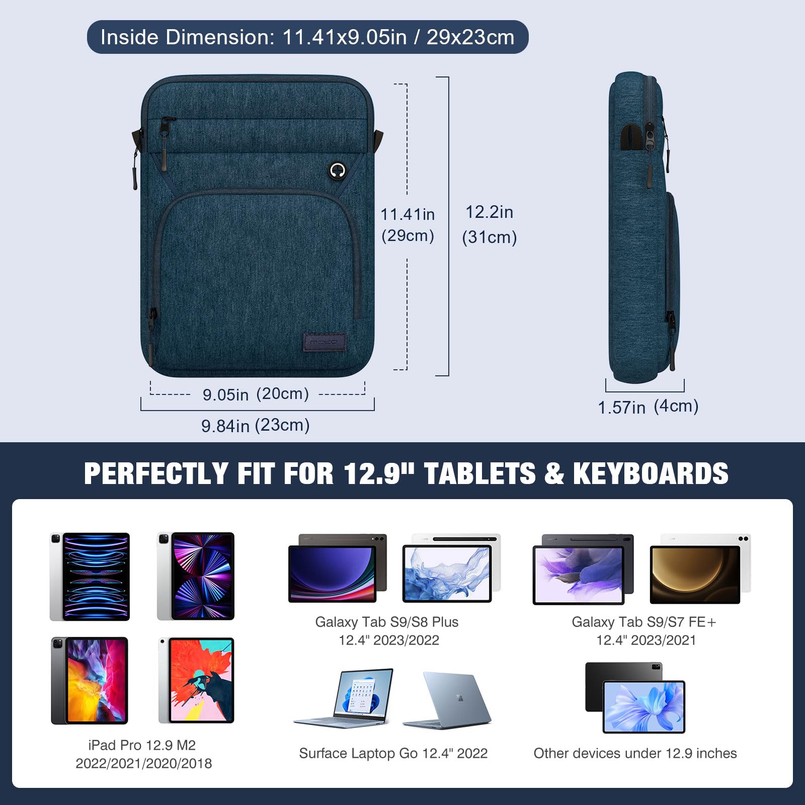 MoKo 12.9 Inch Tablet Sleeve Bag, Fits 13 Inch New iPad Pro M4 & Air M2 2024, iPad Pro 12.9 inch M2&M1, Galaxy Tab S9/S8 Plus 12.4', Multifunctional Bag with Shoulder and Headphone Port, Indigo