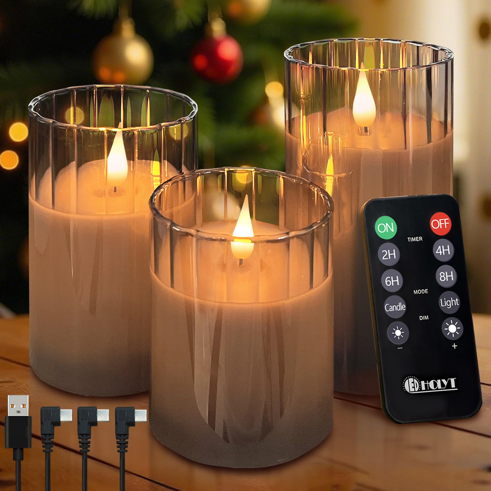 LEDHOLYT Rechargeable Flameless Candle, Flashing LED Pillar Real Wax Candle with Remote Control and Timer, Grey Stripes Glass El