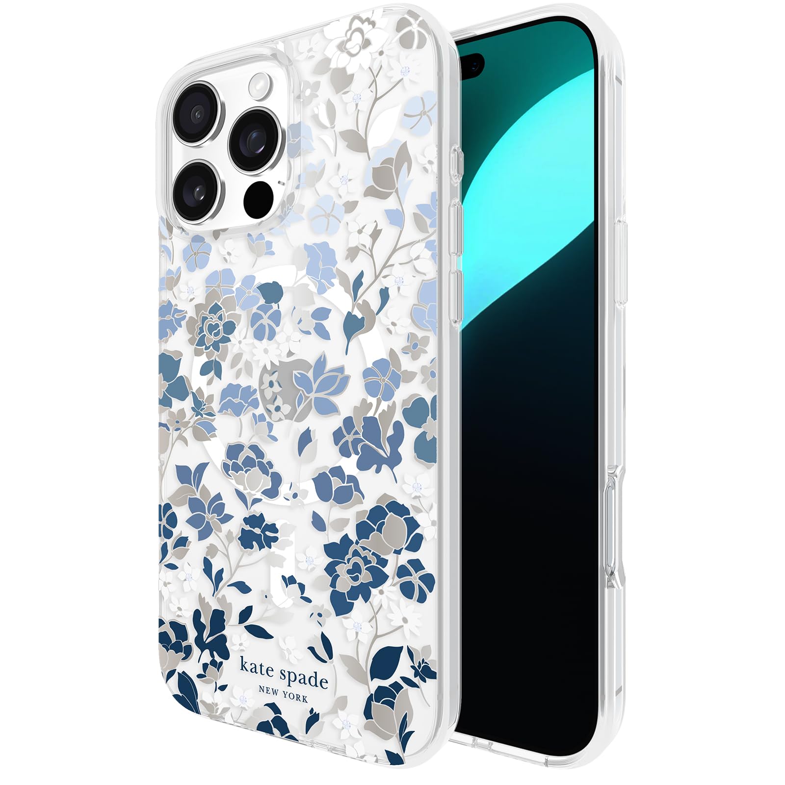 Kate Spade New York Iphone 16 Pro Max Case   Compatible With Magsafe   Designer Phone Case   Flowerbed Blue Gems