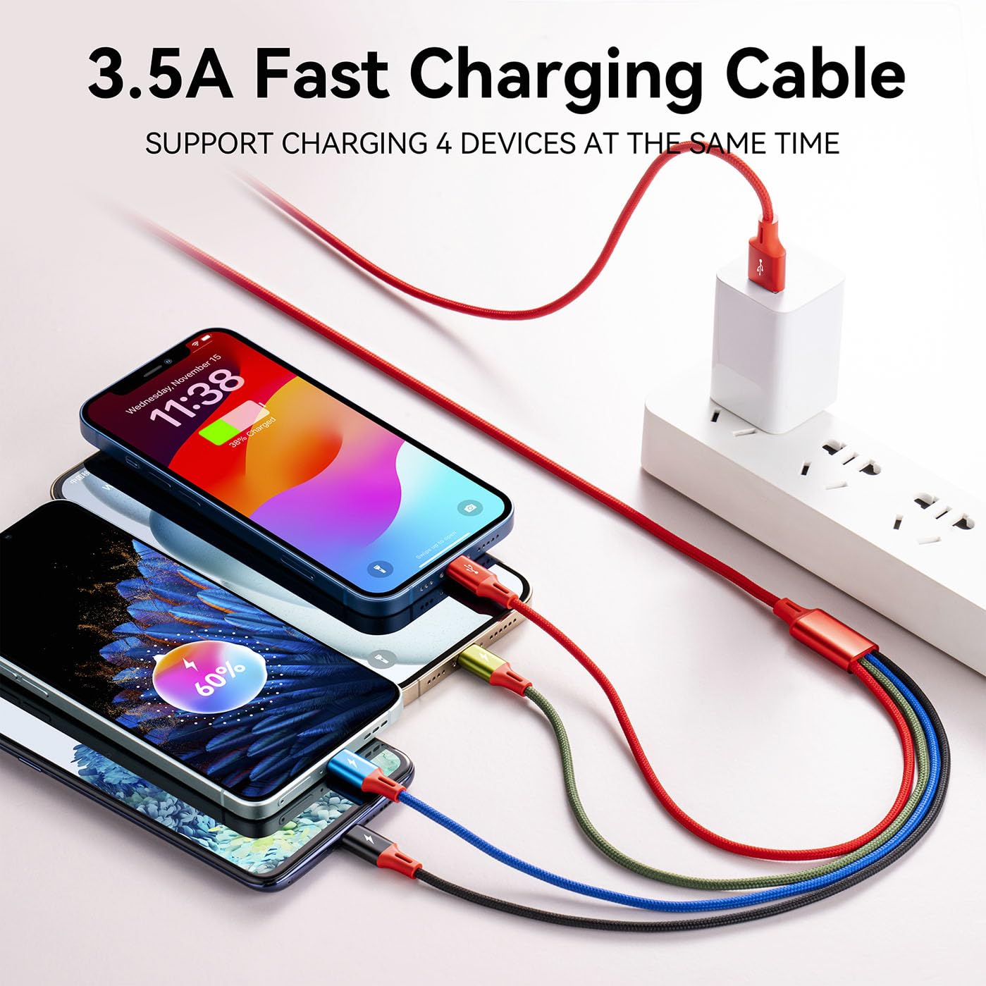 Multi Usb Charging Cable 4A, 4 In 1 Braided Charging Cord, Multi Charger Cord, Multiple Usb Cable With Ip/Usb C/Micro Ports Adap