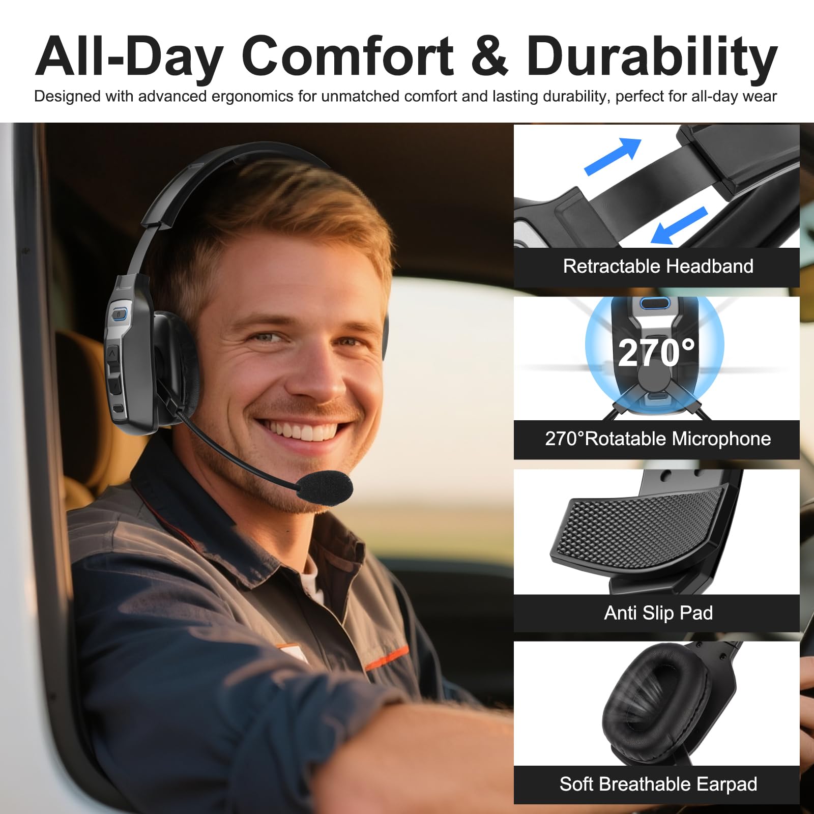 Bluetooth Headset For Truck Drivers, Single Ear Wireless Headphones With Mic Noise Cancelling, Mute Button, Hands-Free, 60H Play