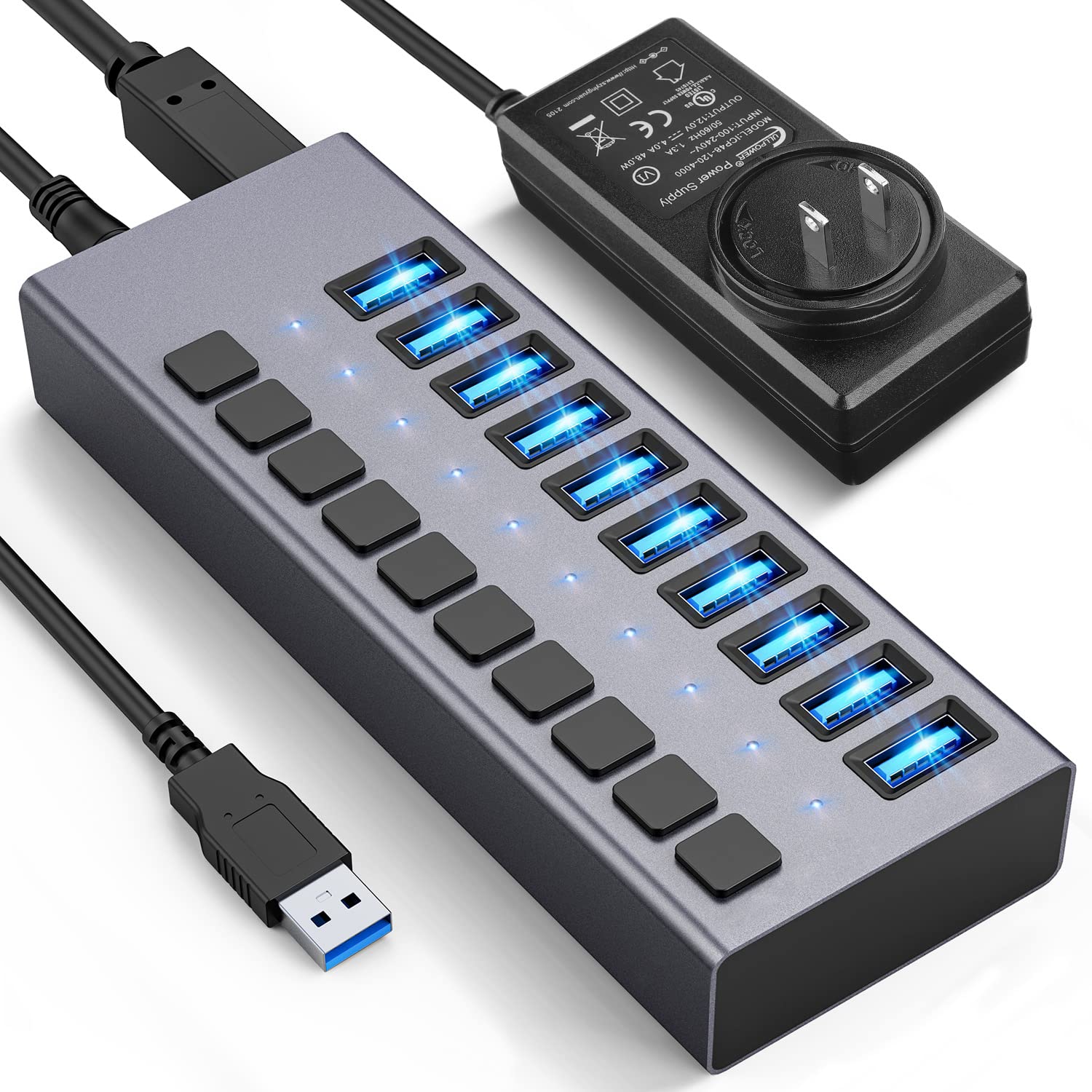 Powered Usb Hub   Acasis 10 Ports 48W Usb 3.0 Data Hub   With Individual On/Off Switches And 12V/4A Power Adapter Usb Hub 3.0 Sp