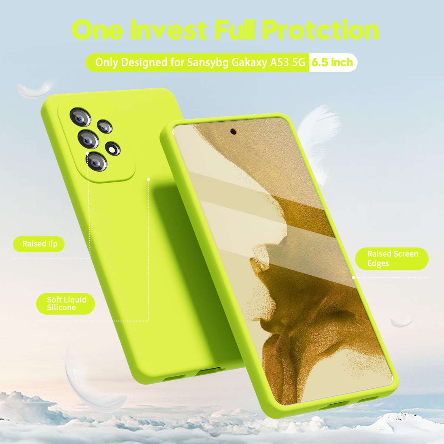 Oakxco For Samsung Galaxy A53 Phone Case Liquid Silicone, Fluorescent Bright Solid Color, Cute Thin Slim Soft Rubber Tpu Plain S