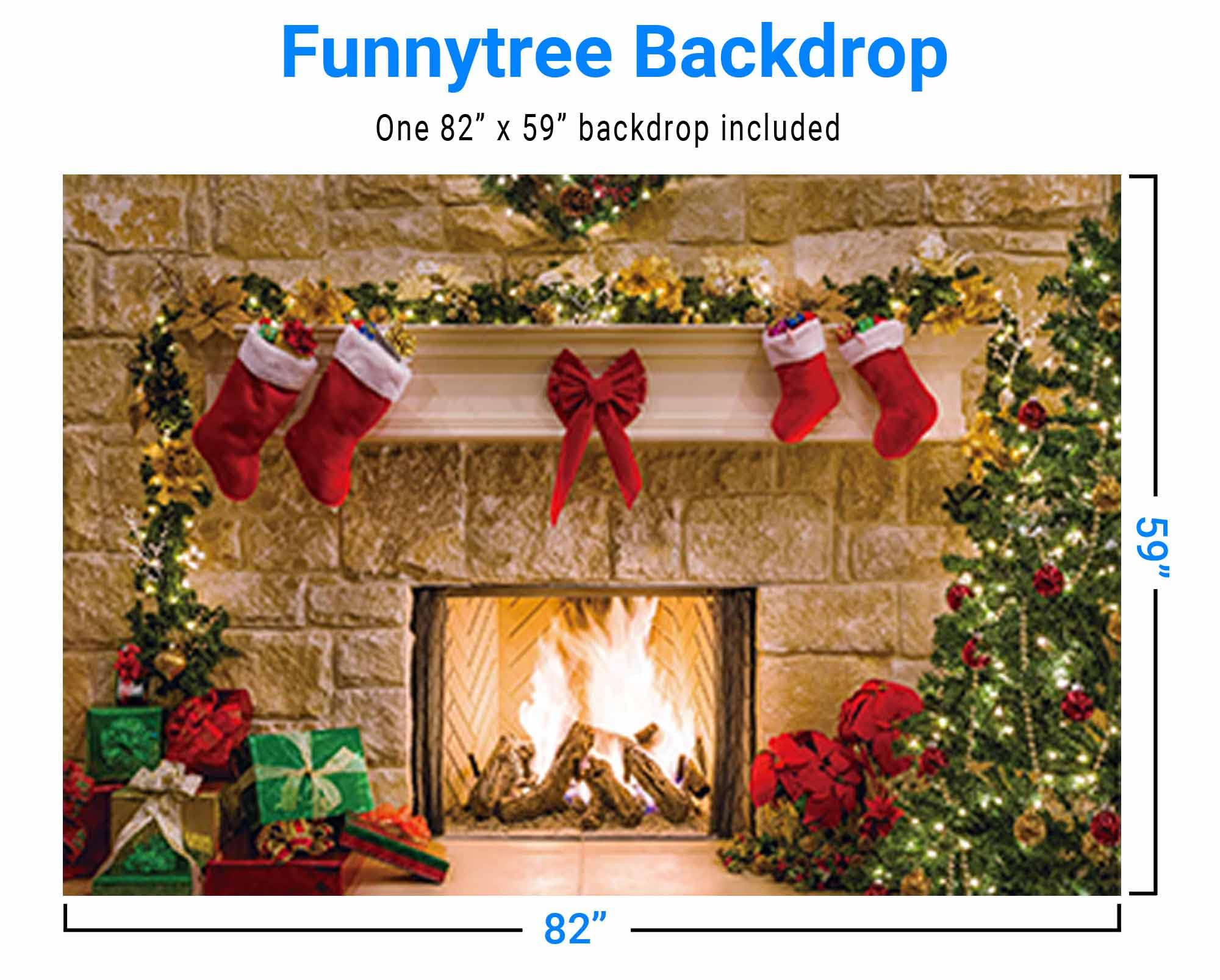 Funnytree 7X5Ft Christmas Fireplace Backdrop Interior Vintage Xmas Tree Stockings Photography Background Portrait Photobooth Par