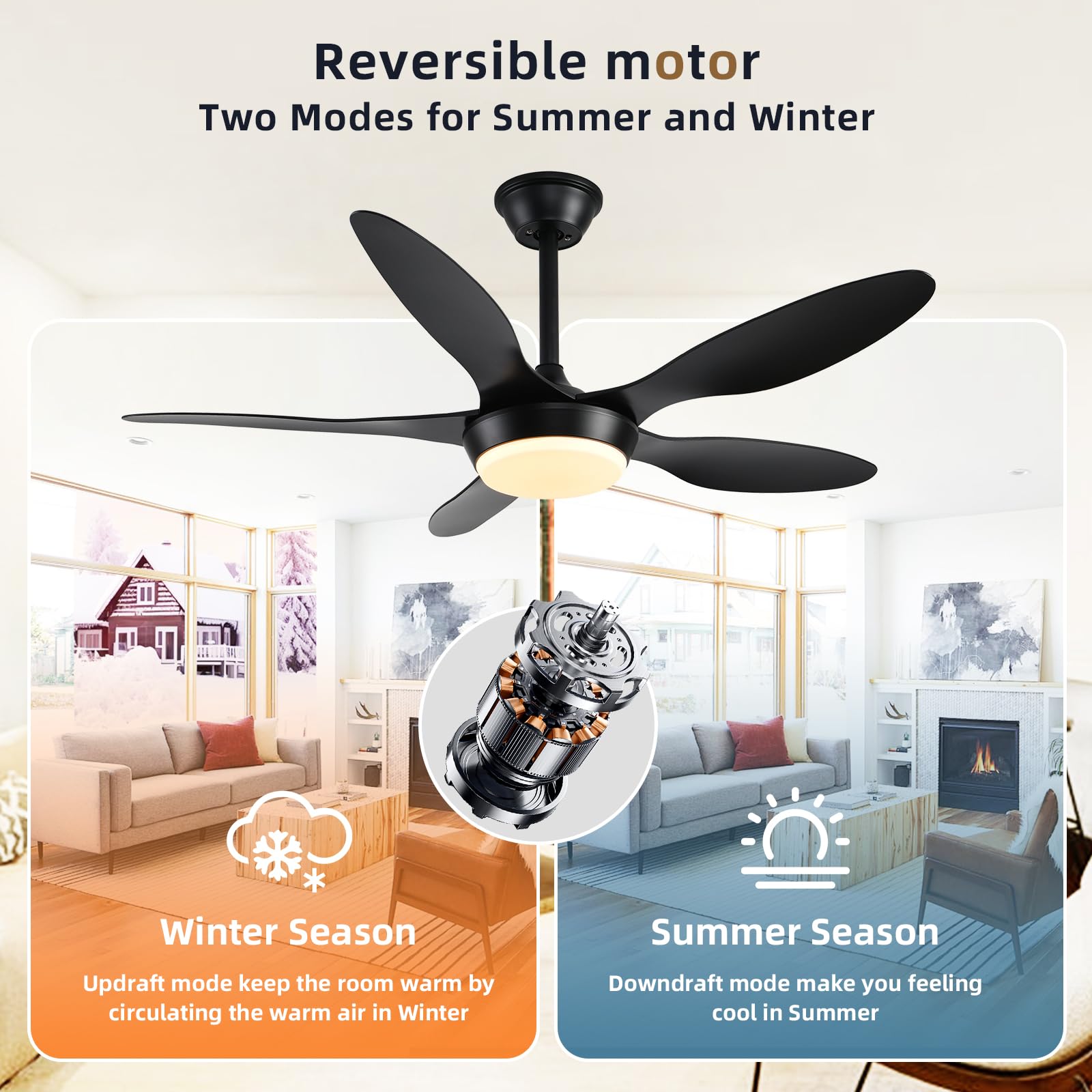 Fumltp 46 Inch Black Modern Ceiling Fans With Lights Remote/App Control, Low Profile Reversible 6 Speeds Ceiling Fan Light For I