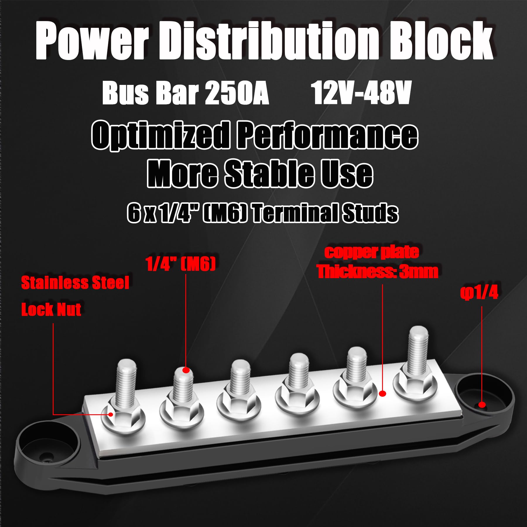 250A Bus Bar 12V Marine 1/4'' Power Distribution Block Automotive Busbar Terminal Block,Battery Buss Bar (Pair, Red & Black) 6 X