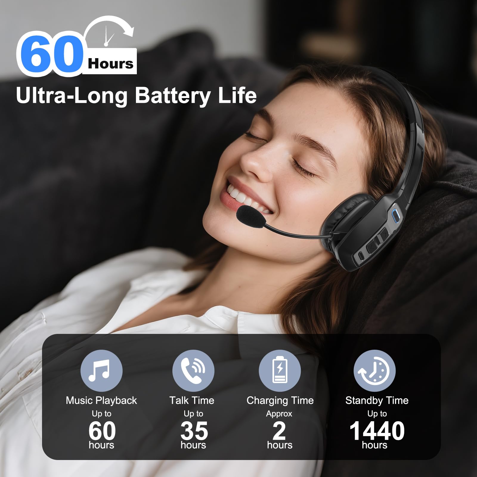 Bluetooth Headset For Truck Drivers, Single Ear Wireless Headphones With Mic Noise Cancelling, Mute Button, Hands-Free, 60H Play