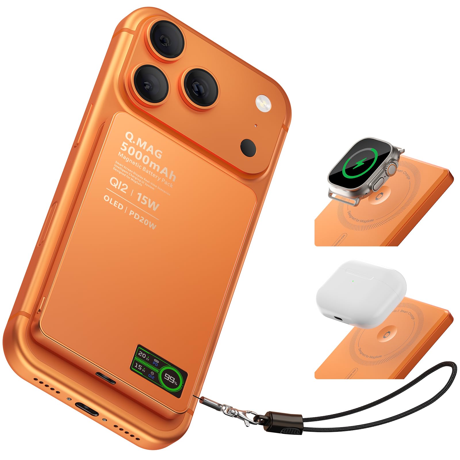 Portable Charger for Apple Watch & iPhone 17/16/15/14, 5000mAh 15W Fast Wireless Magnetic Power Bank with Built-in USB-C Cable, 