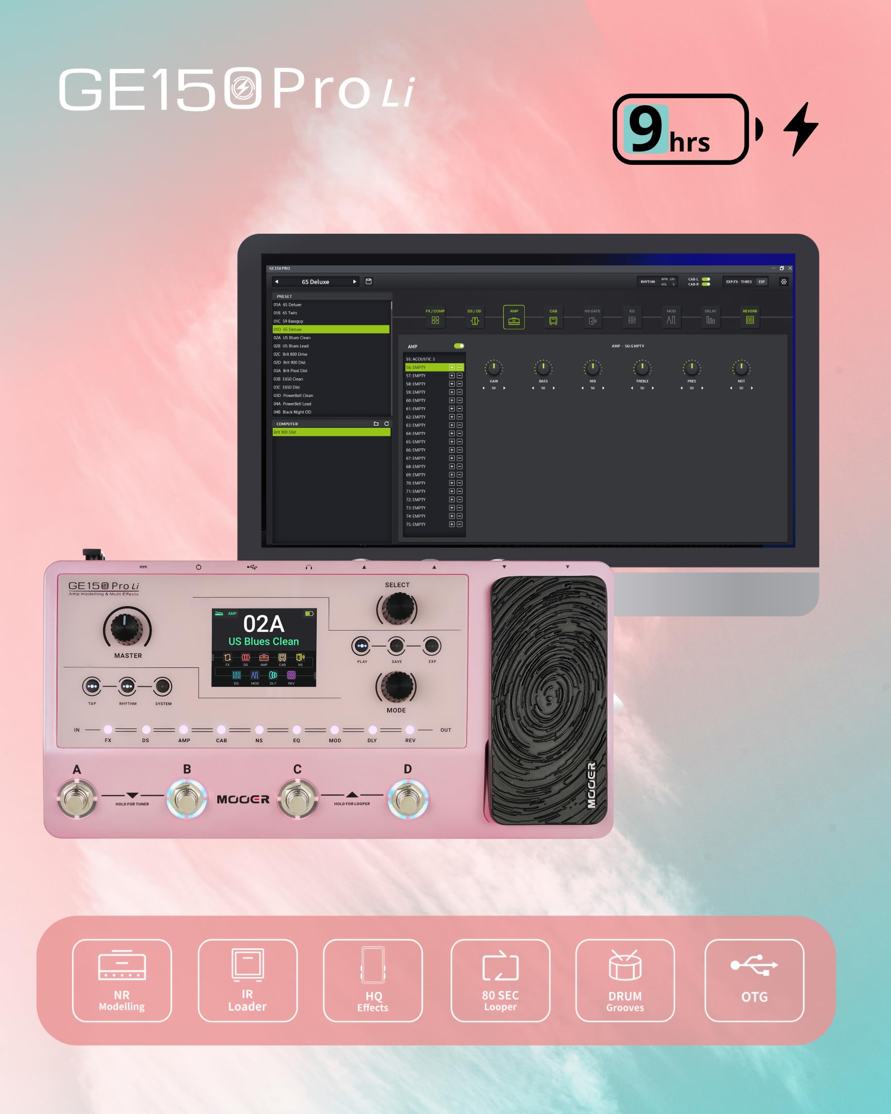 Mooer Ge150 Pro Li Pink Guitar Amp Modelling Multi Effects