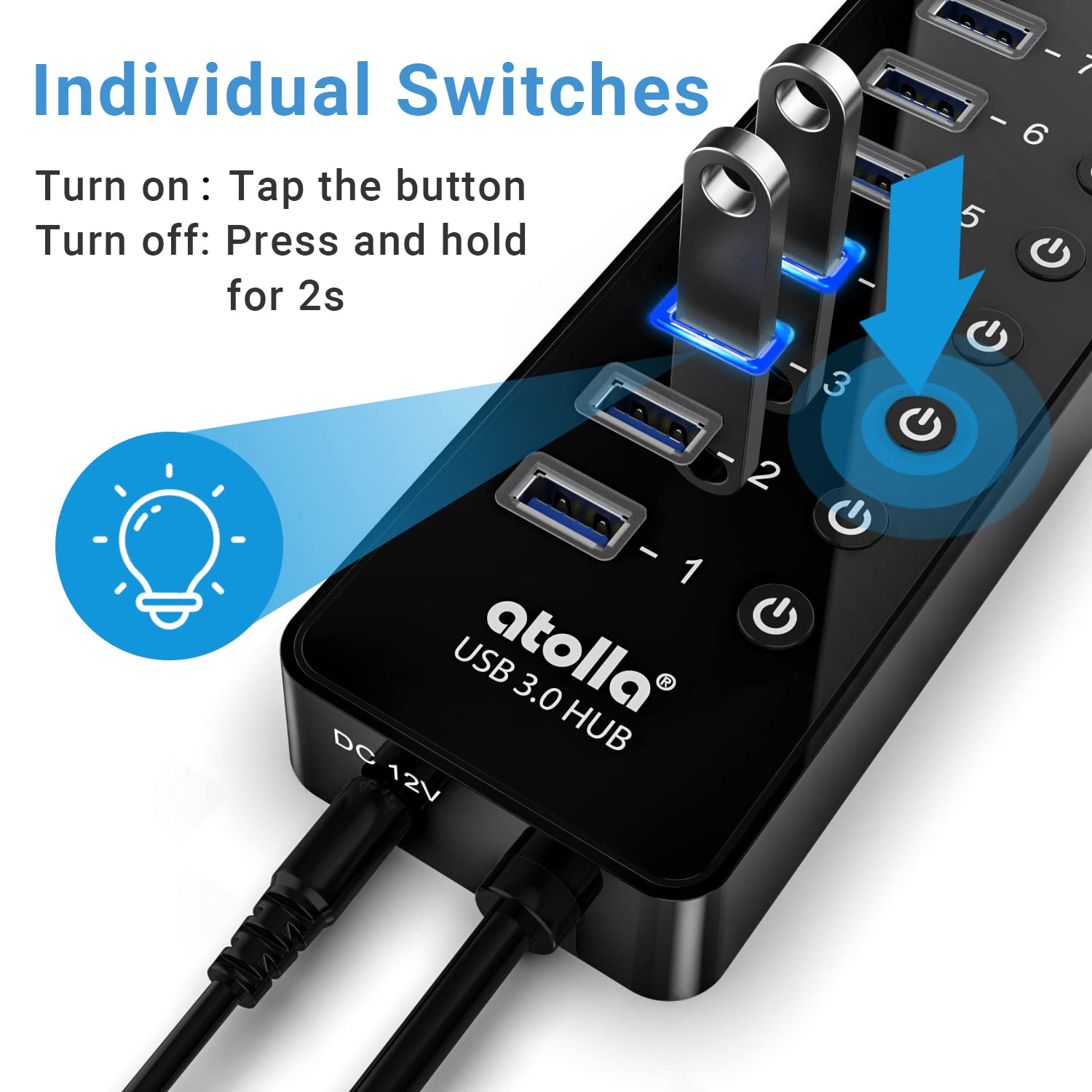 Power Usb Hub 3.0, Atolla 16 Port Usb Splitter With 12V/6A Power Adapter And Individual Switches, High-Speed Data Transfer For L