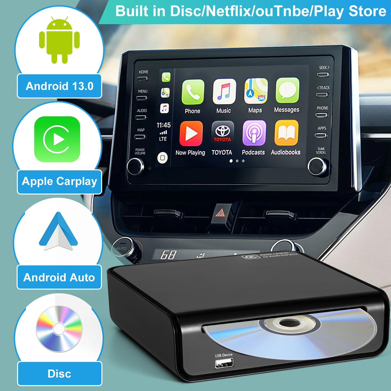 Flwlkeji Portable External Usb/Type C Cd Dvd Player For Car With Built In Wireless Carplay & Android Auto Adapter,Carplay Dvd Pl