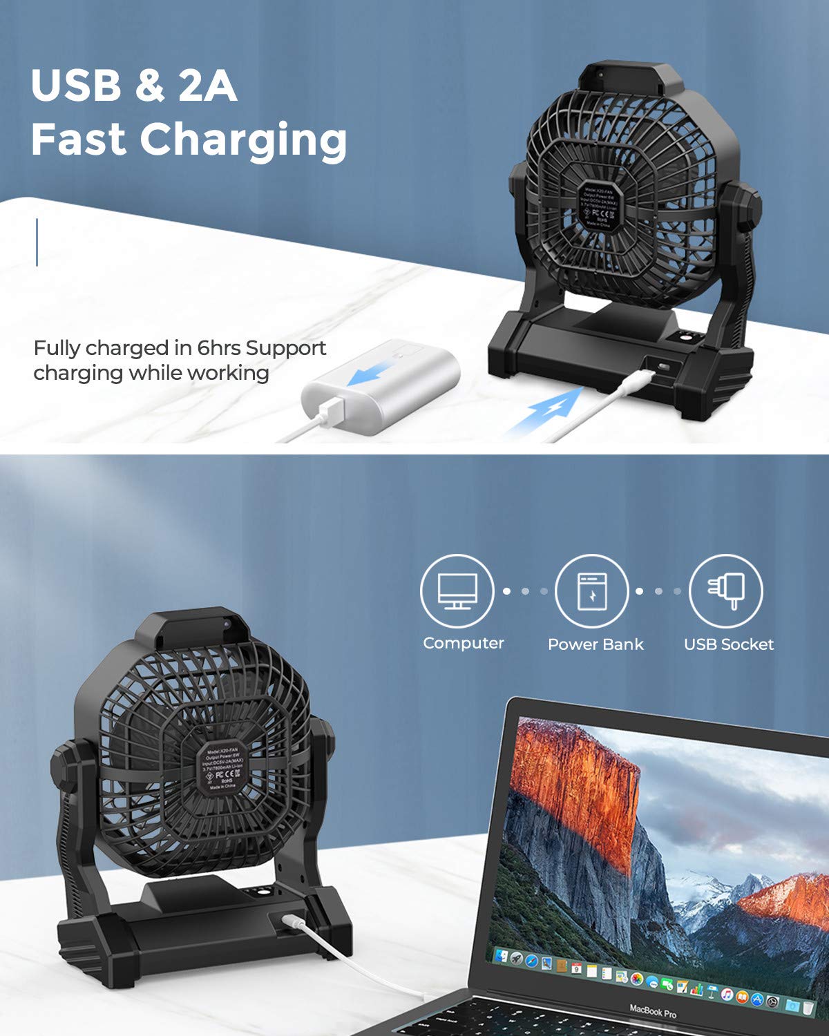 Camping Fan With Led Lantern, 10400 Mah 9 Inch Rechargeable Battery Powered Fan With 270Head Rotation, Stepless Speed And Quiet