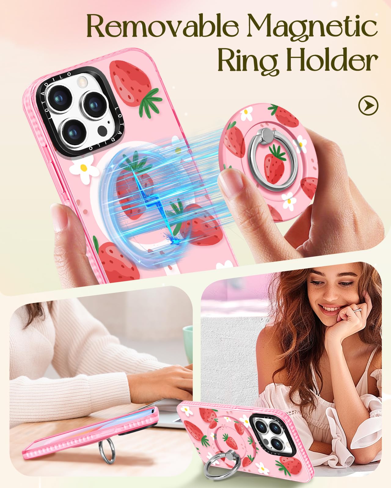Lotadilo For Iphone 13 Pro Case For Women Girls - Cute Design Compatible With Magsafe Magnetic Ring Holder Stand Strawberry Flow
