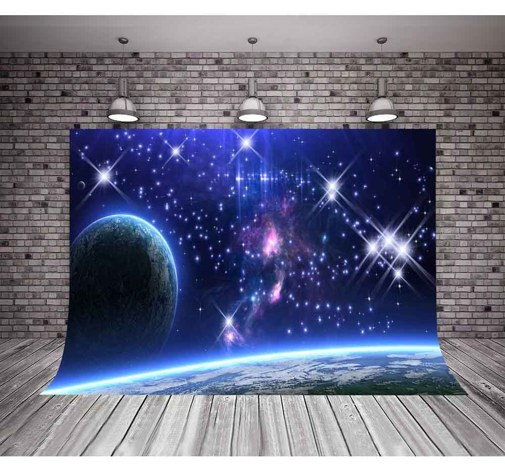 Mtmety 5X3Ft Galaxy Backdrop Stars Sky Background Dark Blue Halo Glitters Stars Purple The Earth Props Photo Studio Lxme054