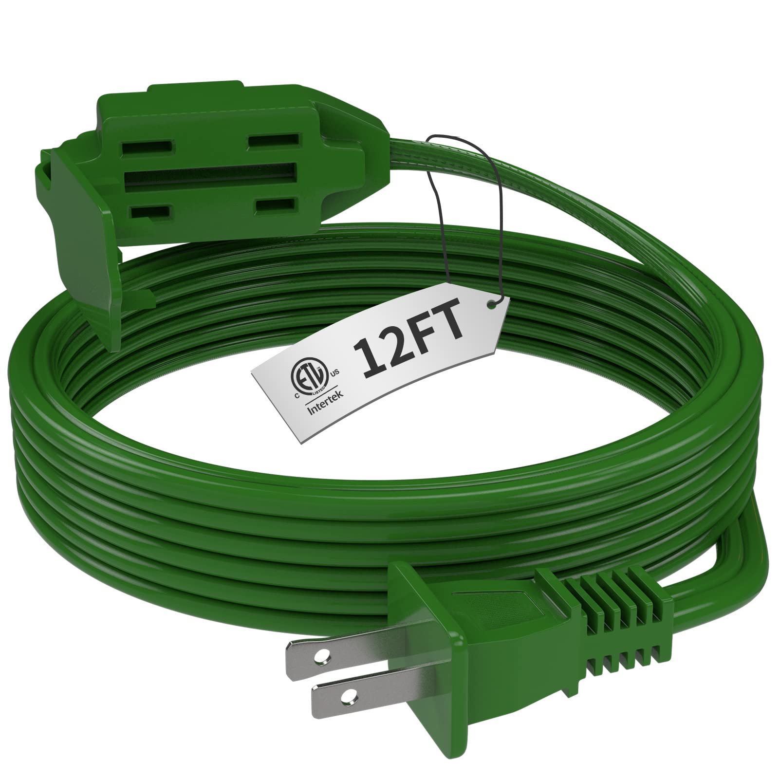 Plugtul Indoor Green Extension Cord 12 Feet, 3 Outlet Household Extension Cord, 2 Prong, 16 Gauge, 3 Polarized Outlets With Safe