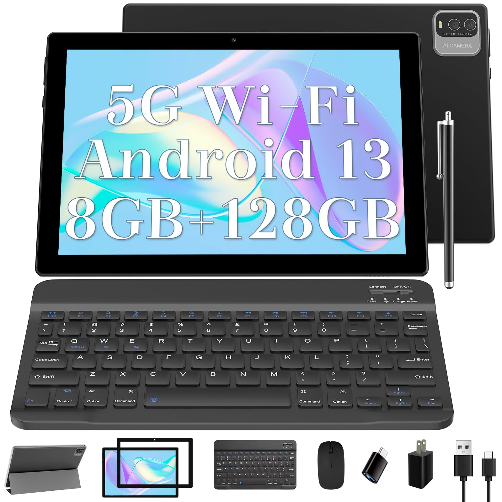 Android 13 Tablet With Keyboard, 2024 Newest 10 Inch 2 In 1 Tablet, 8Gb Ram+128Gb Rom/1Tb Expandable Tablet Pc, Quad Core 1.8Ghz