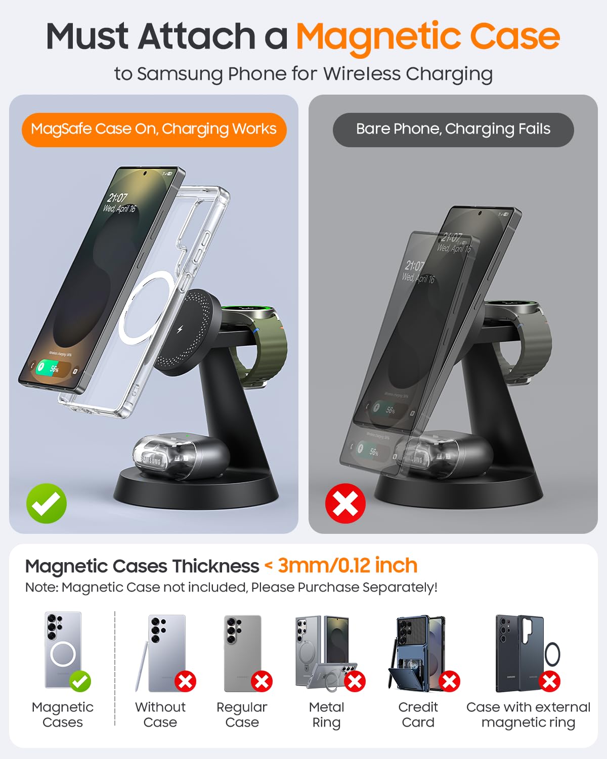 Magnetic Wireless Charger For Samsung, 3 In 1 Charging Station Compatible With Magsafe Samsung Charger For Galaxy S25 Ultra S24