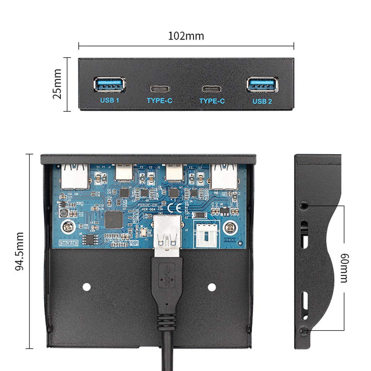 chenyang USB C & USB 3.0 HUB 4 Ports Front Panel to Motherboard 20Pin Connector Cable for 3.5' Floppy Bay