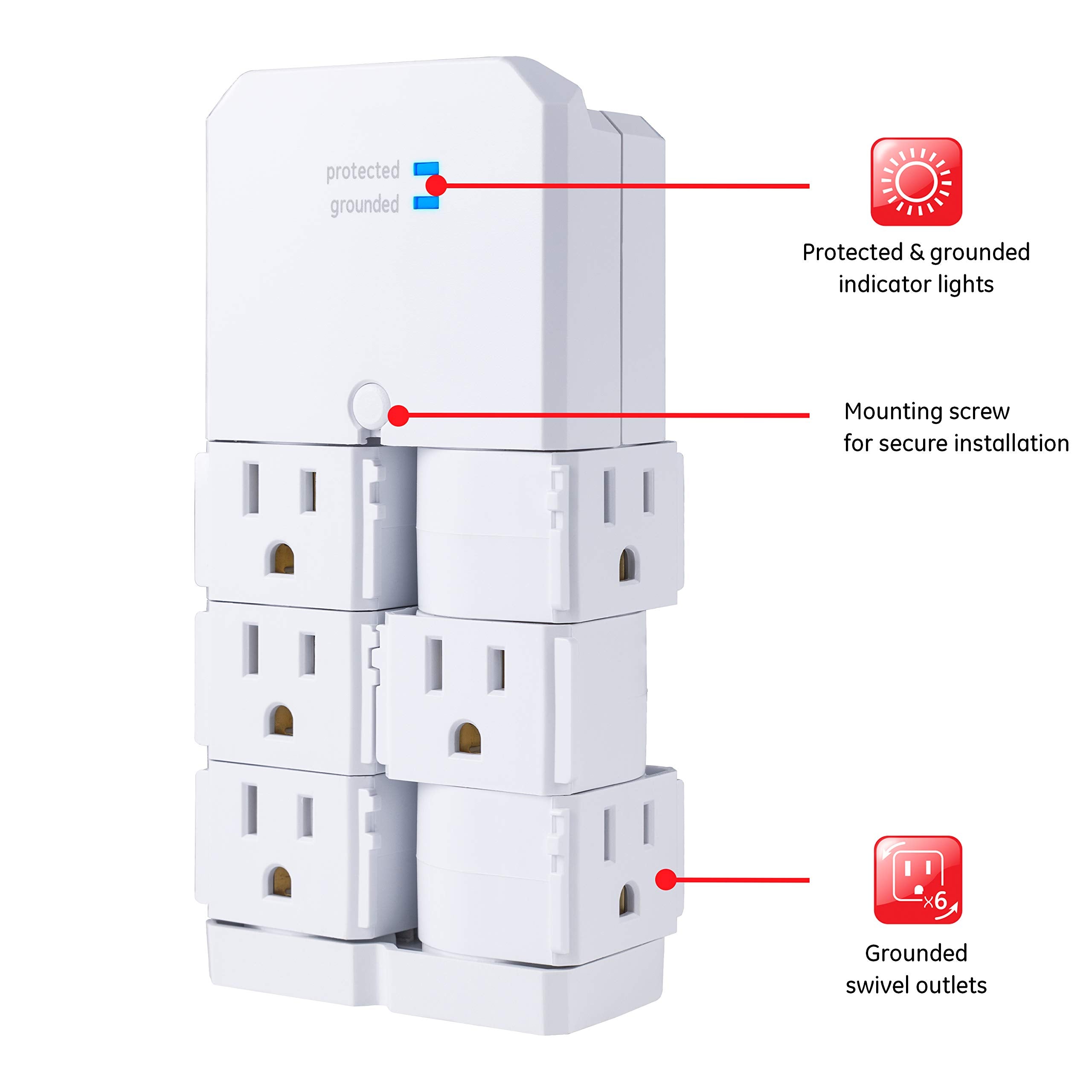 Ge Pro 6 Outlet Extender Surge Protector With Swivel Outlets, Wall Tap Adapter, 90 Degree Rotation, 1080 Joules, Warranty, Ul Li
