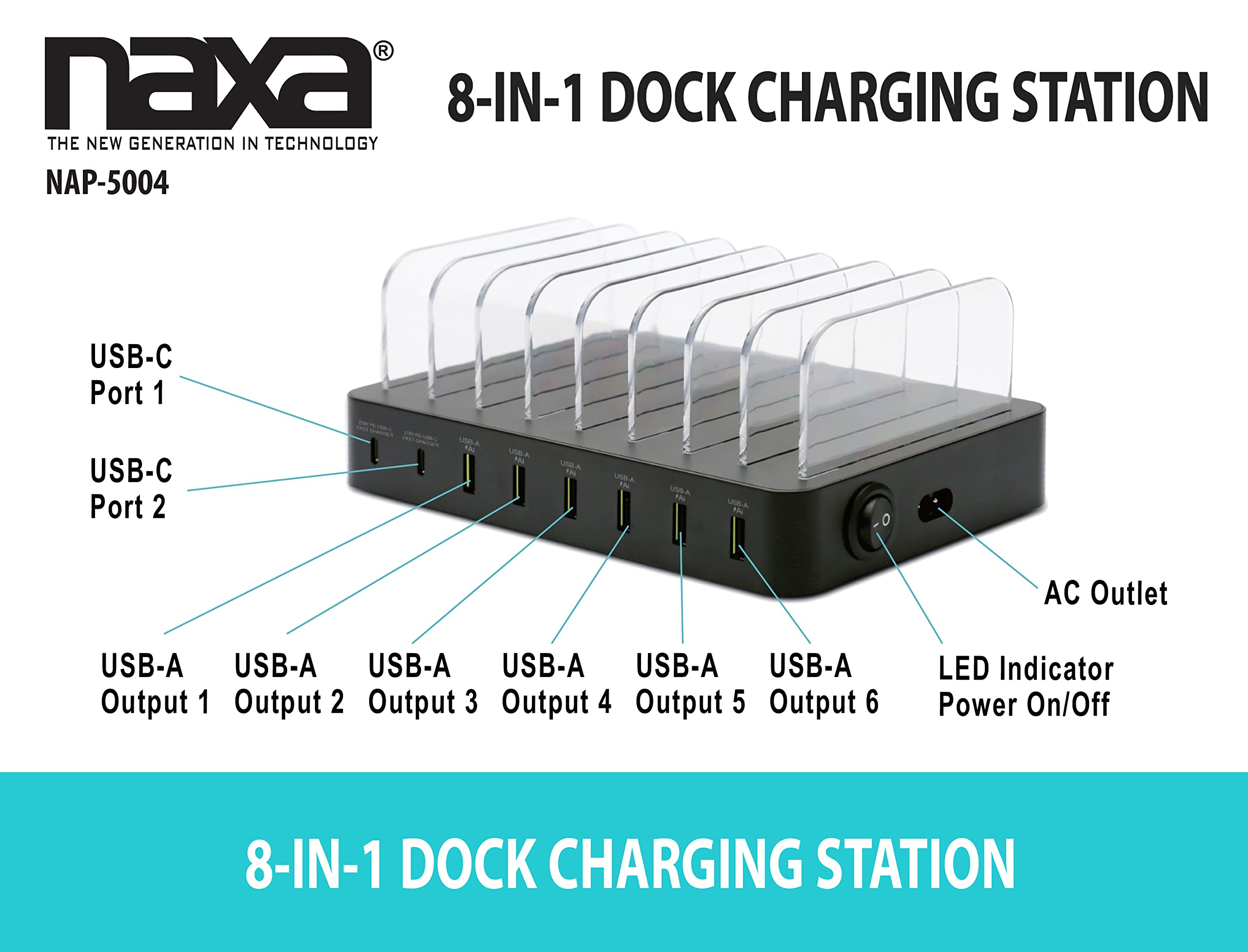 Naxa Electronics Nap-5004 8-In-1 Dock Charging Station With Qi 15W Wireless, Usb-A And Usb-C For Phones And Electronics, Black