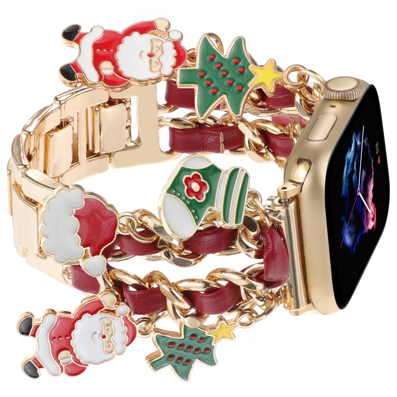 Realsign Stylish Metal Wristband Compatible With Apple Watch Band 38Mm 40Mm 41Mm,Cuban Chain With Christmas Tree Santa Claus Pen