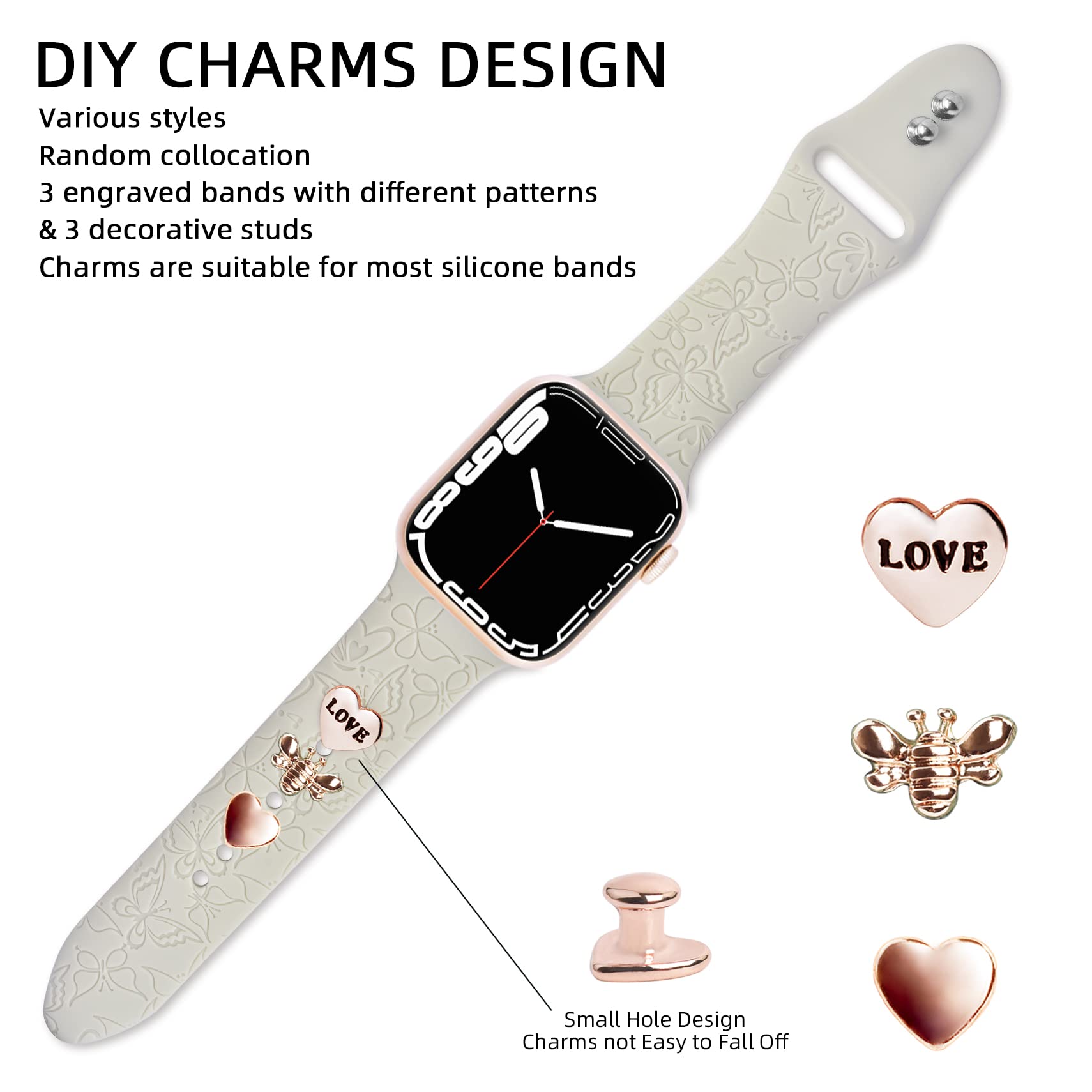 Engraved Bands With Charms Compatible With Apple Watch Bands 38Mm 40Mm 41Mm Women, Oratyfan Soft Sport Silicone Wristbands Flowe