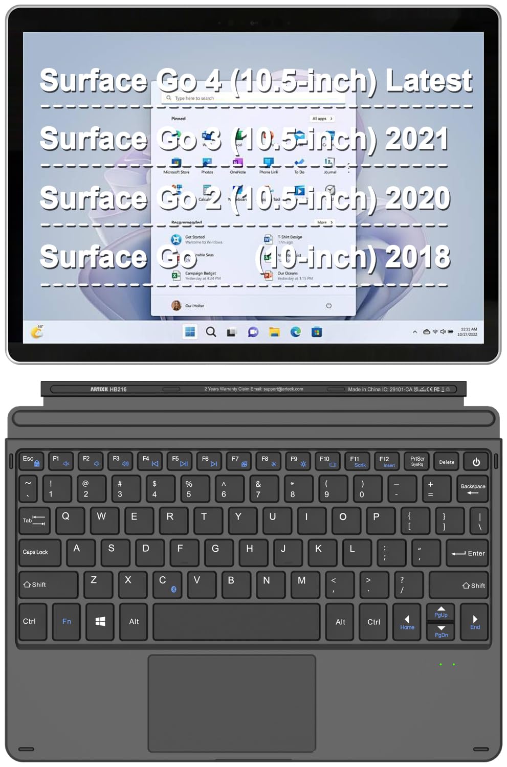 Arteck Microsoft Surface Go Type Cover, Ultra Slim Portable Bluetooth Wireless Keyboard With Touchpad For Latest Surface Go 4, 3