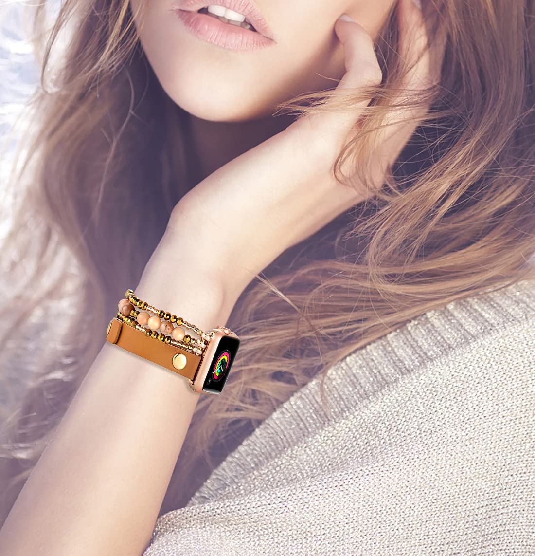 Fastgo Bracelet Band Compatible With Apple Watch 40Mm 38Mm 41Mm Women, Elastic Beaded Leather Strap For Iwatch Se& Series 9 Ultr