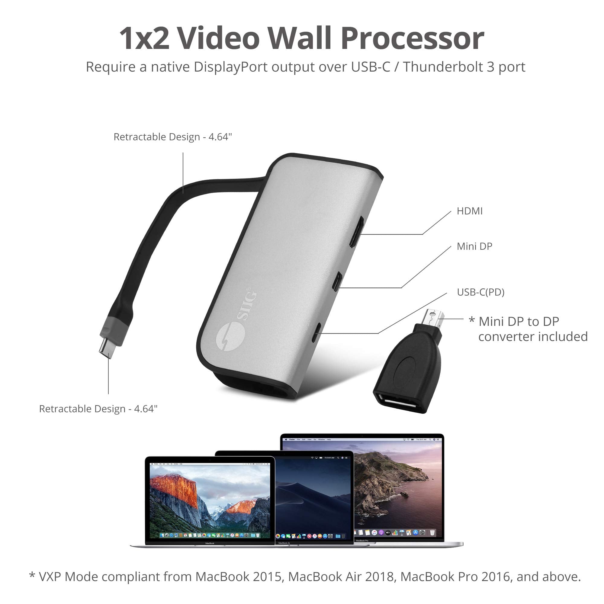 Siig Usb-C To Mini Displayport & Hdmi Vxp Adapter With Pd 3.0, 100W Pd, Combine Two Monitor To One 3840X1080 Video Wall, Compati