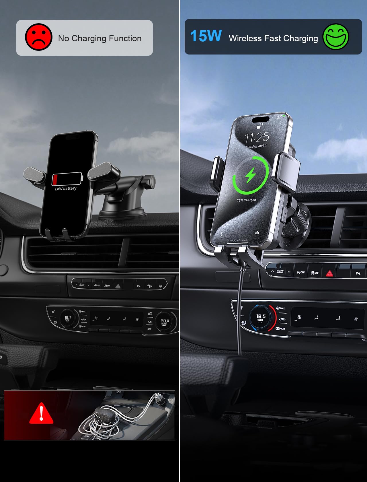 Wireless Car Charger, Mokpr 15W Fast Charging Auto Clamping Air Vent Car Phone Holder With Led Light Car Charger For Iphone 16 1