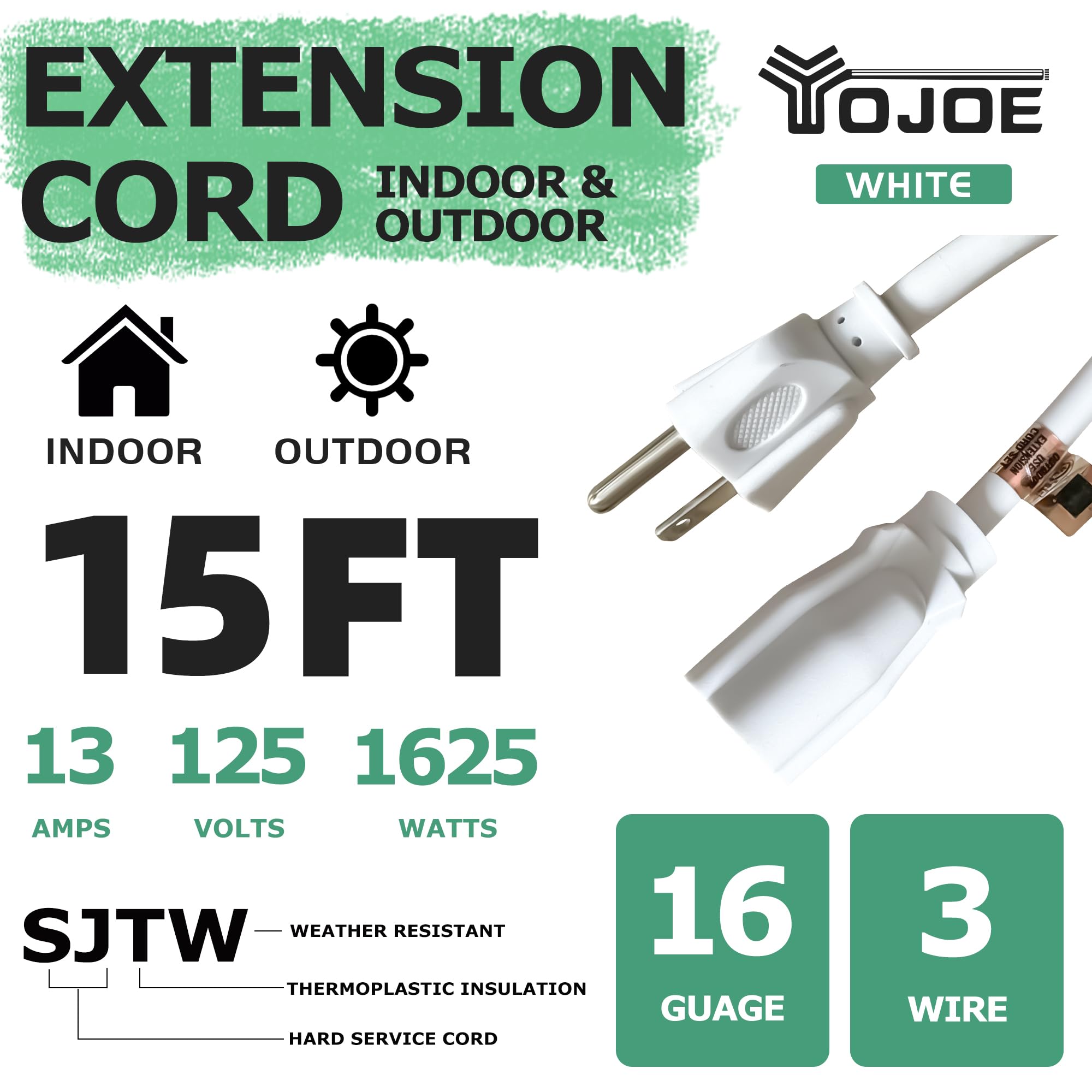 Yojoe Indoor Outdoor Extension Cord, 3 Prong 13A Weatherproof Power Extension Cord, 16 Gauge Heavy Duty 15 Ft White Extension Co