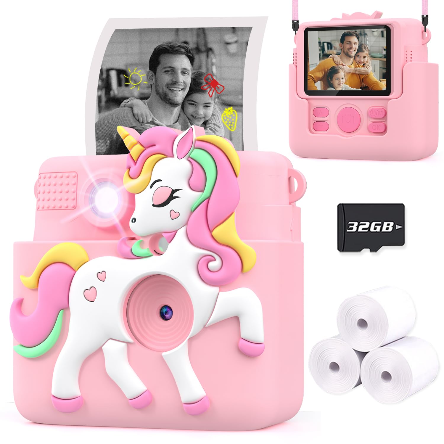 Kids Camera Instant Print With Silicone Cover, Creative Gifts For Girls Age 4 12 Birthday Christmas, 1080P Digital Camera Toy Wi