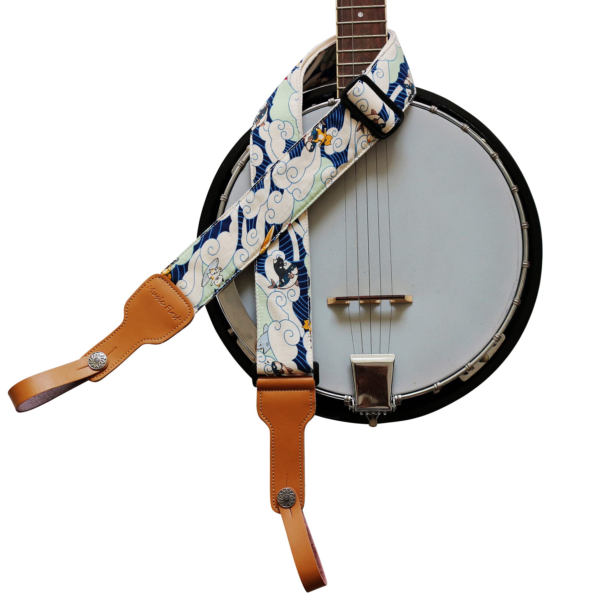Music First Original Design, 2 Inch Width (5Cm), Padded, Vintage Ukiyoe Style''Surfing Cat'' Soft Muslin & Genuine Leather Delux