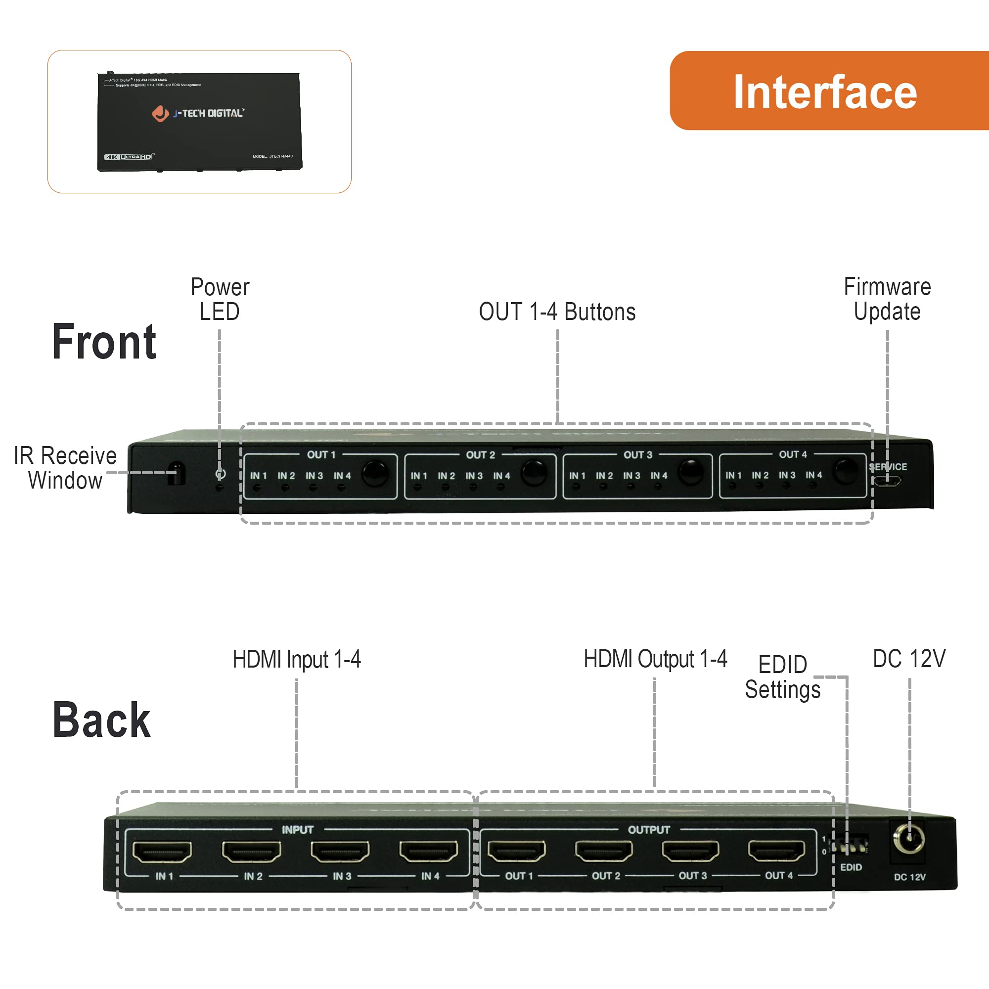 J Tech Digital 4K 60Hz 4X4 Hdmi Matrix Switch With Downscaler Edid Hdcp 2.2 Hdmi 2.0 [Jtech M44D]