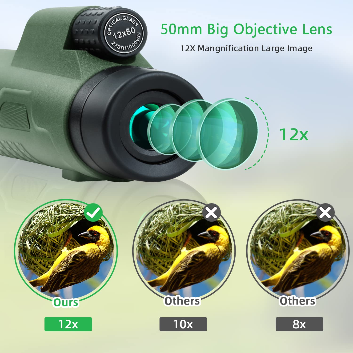 12X50 Hd Monocular Telescope For Adults With Smartphone Adapter Tripod Hand Strap   High Power Monoculars Equipped With Large Ba